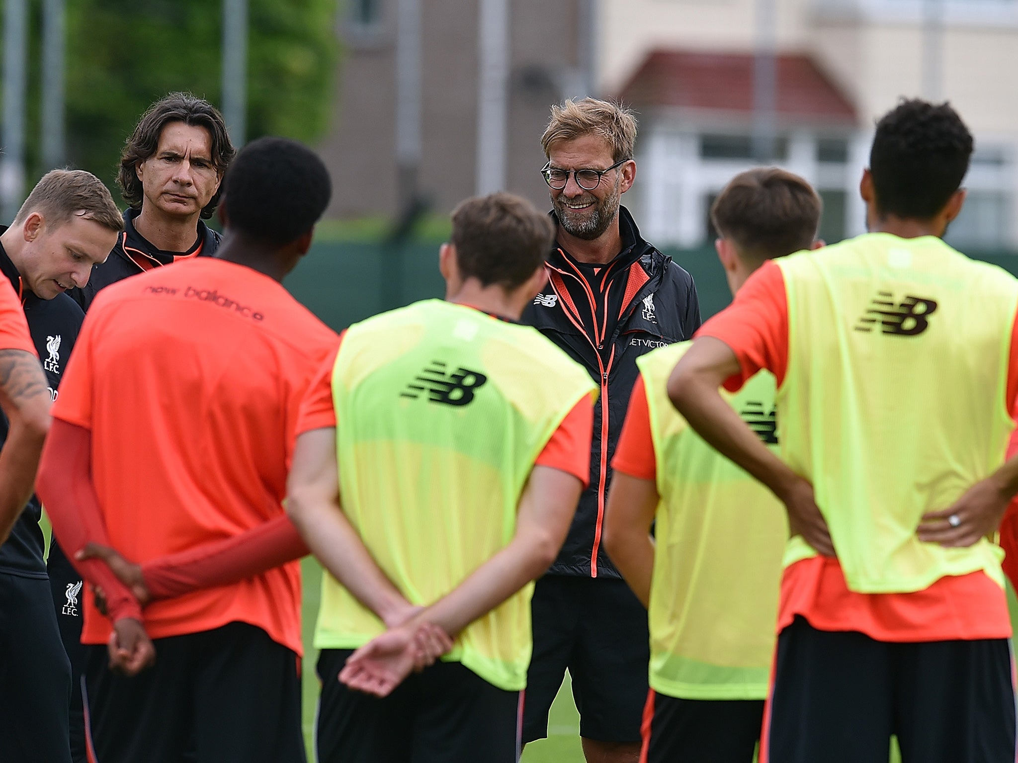 Klopp with his players at Melwood, Liverpool's training ground