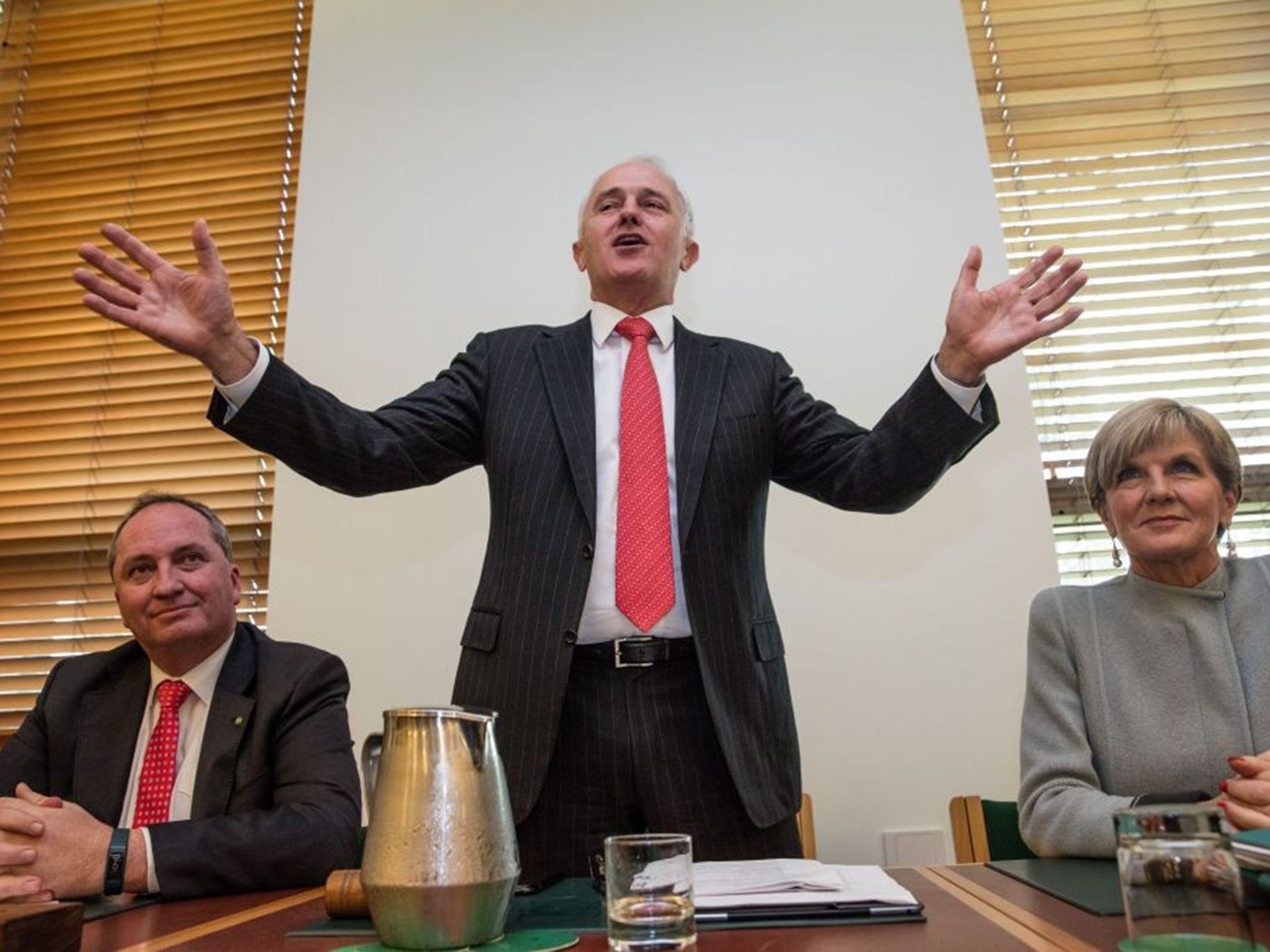 Australian Prime Minister Malcolm Turnbull addresses the joint party meeting of the coalition in Canberra