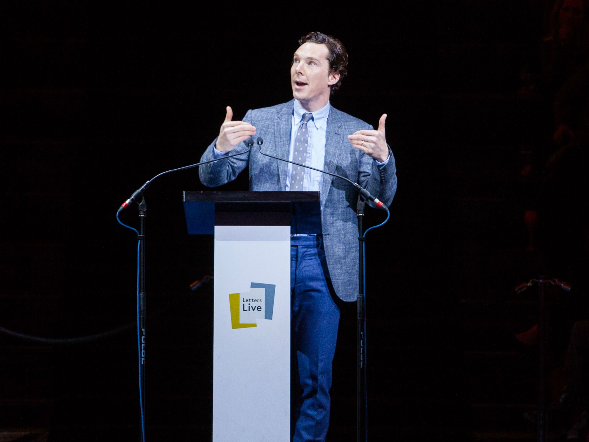 Sherlock actor Benedict Cumberbatch reading out letters at the March Letters Live event