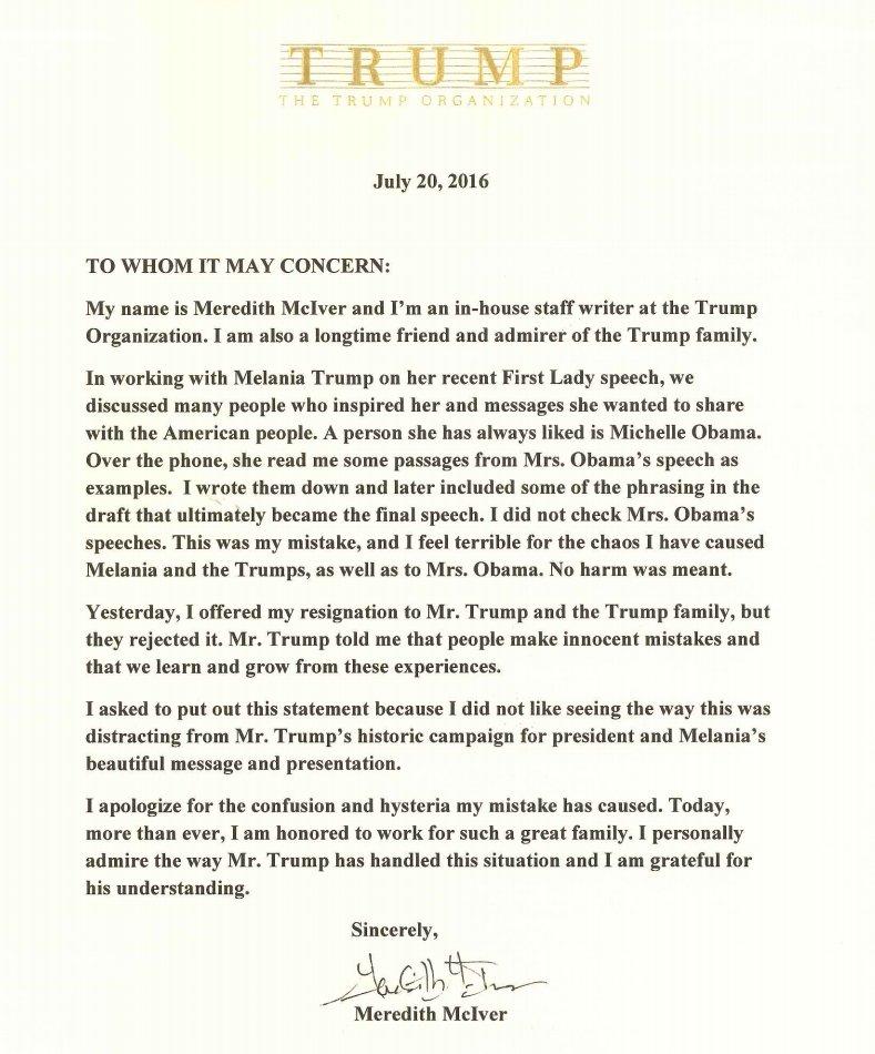 The statement from speechwriter Meredith McIver