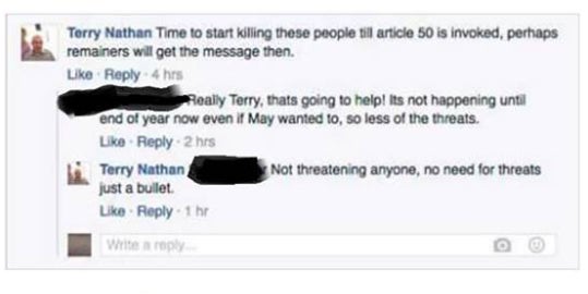 Screenshot of Terence Nathan's comments posted to group 'Worrying signs' (Facebook )