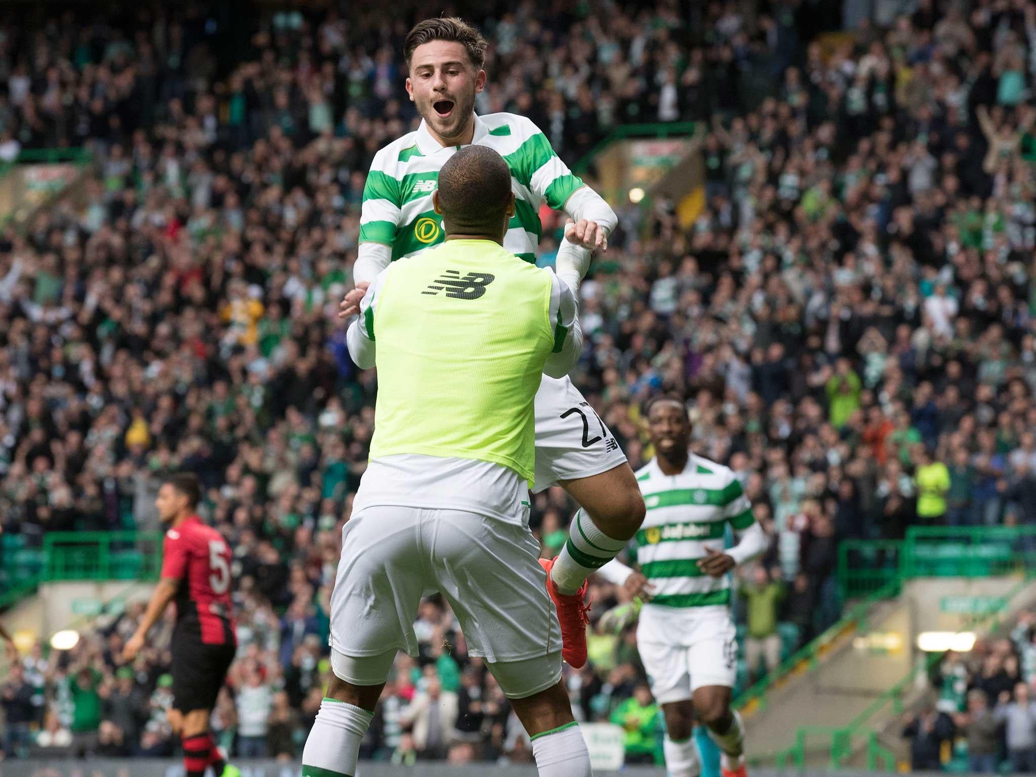 Man of the match Patrick Roberts celebrates his strike against Lincoln Red Imps