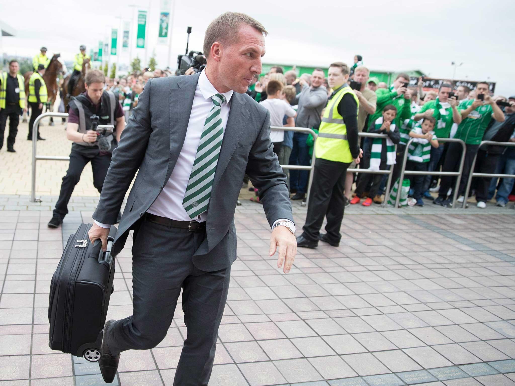 New manager Brendan Rodgers arrives at Celtic Park for the second leg clash with Lincoln Red Imps