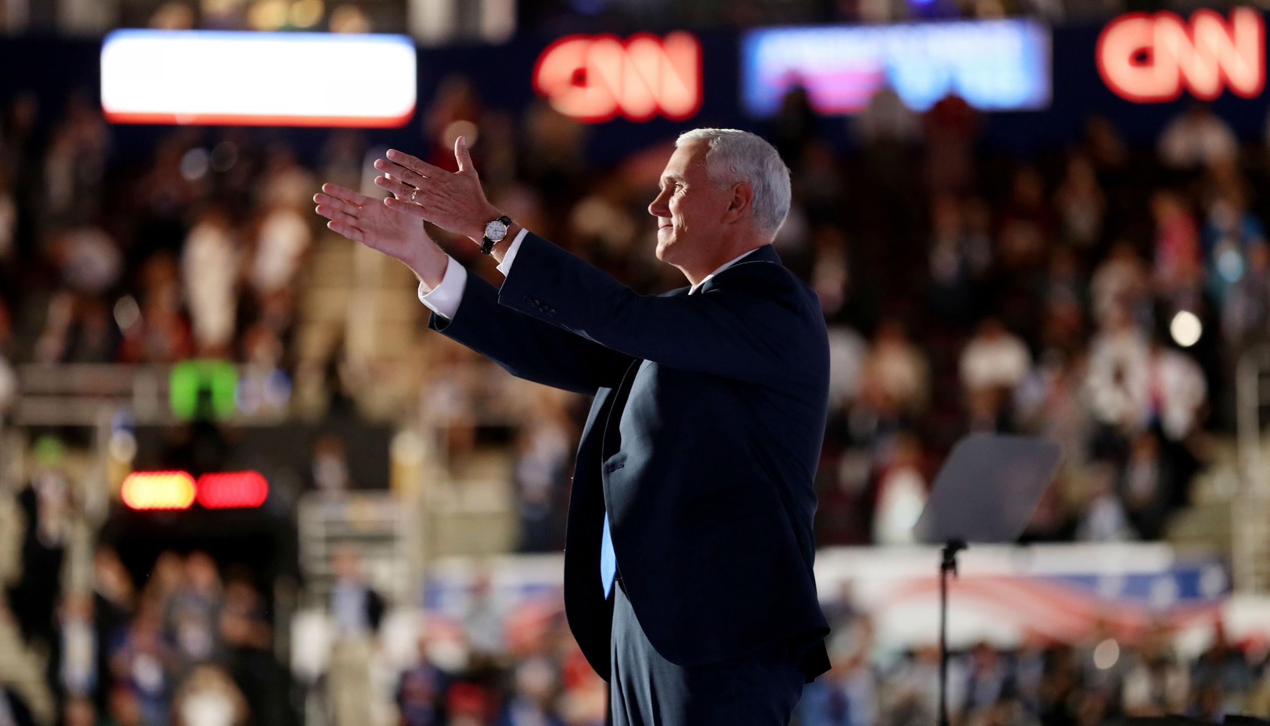 Governor Pence welcomed to the stage as he accepts vice presidential nomination