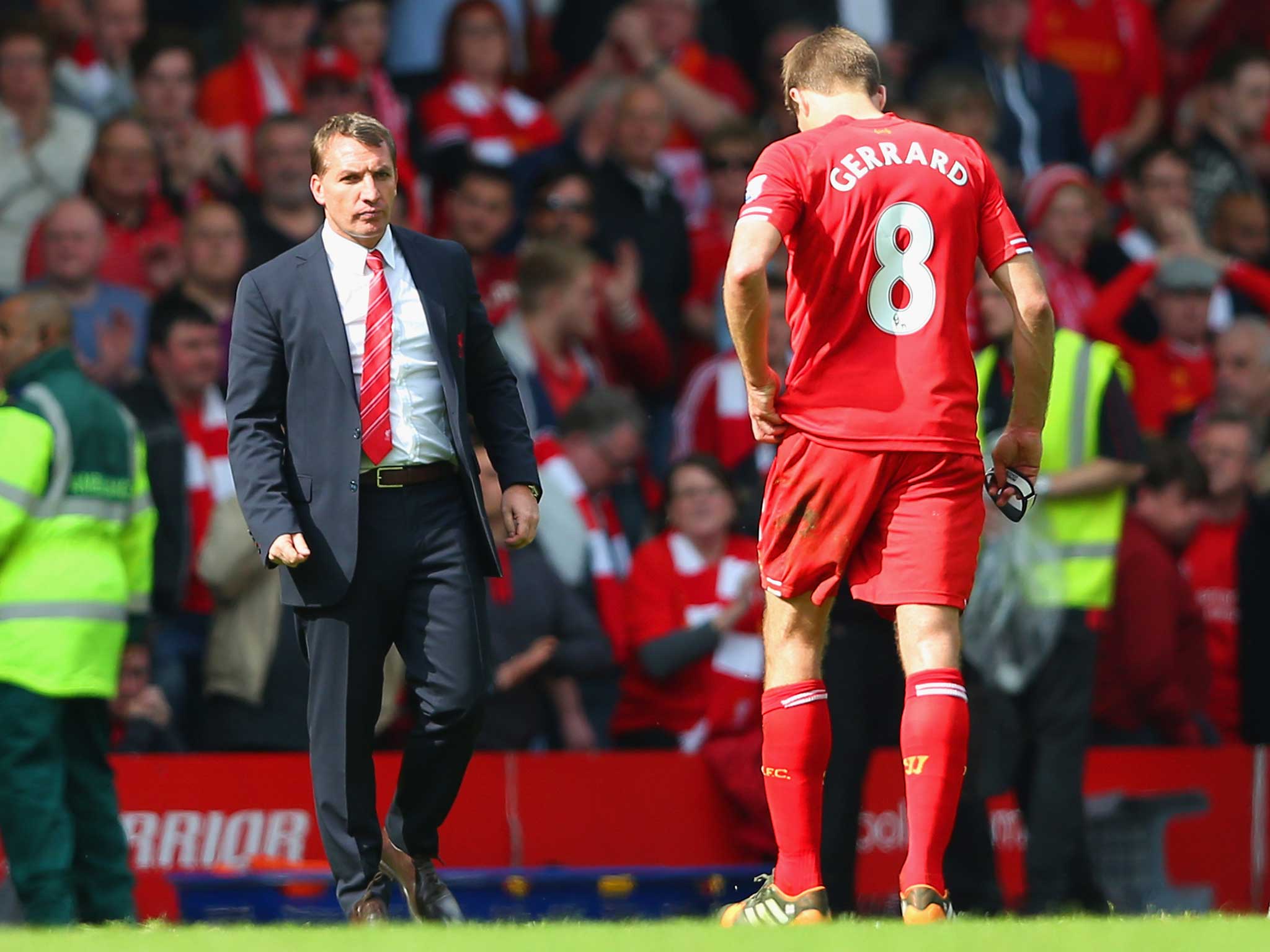 Brendan Rodgers consoles Steven Gerrard on that fateful day in 2014