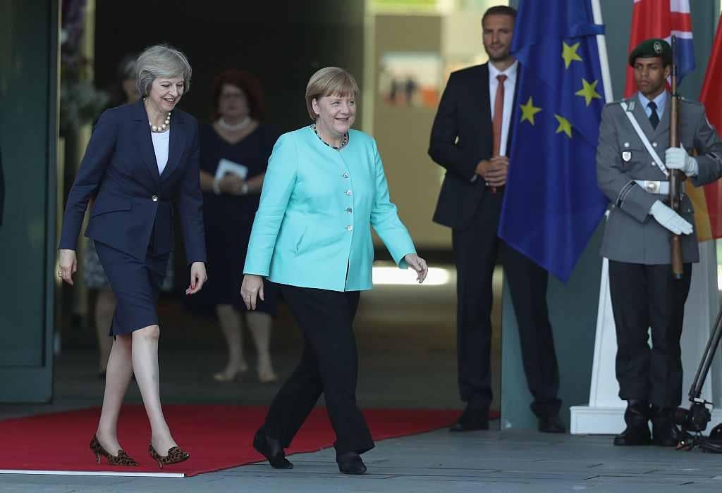 The two most powerful women in Europe – May, 59, and Merkel, 62 – meet as respective leaders for the first time this week. Photo: Getty.