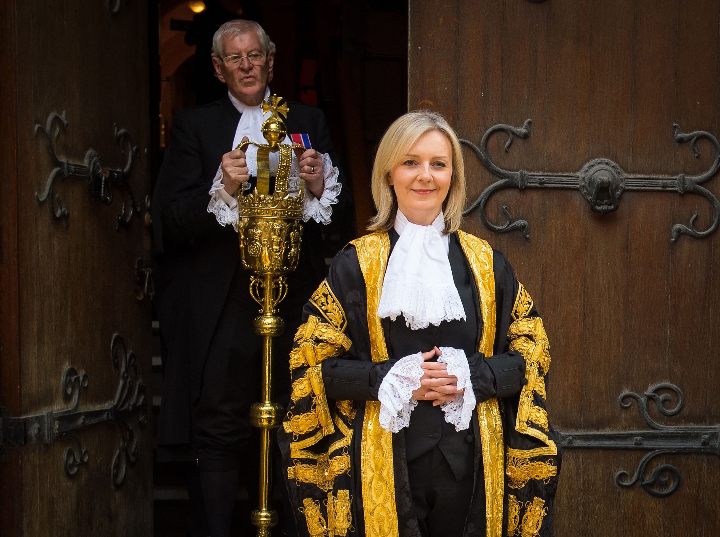 The new Lord Chancellor Liz Truss arrives at the Judge's entrance to the Royal Courts of Justice before being installed