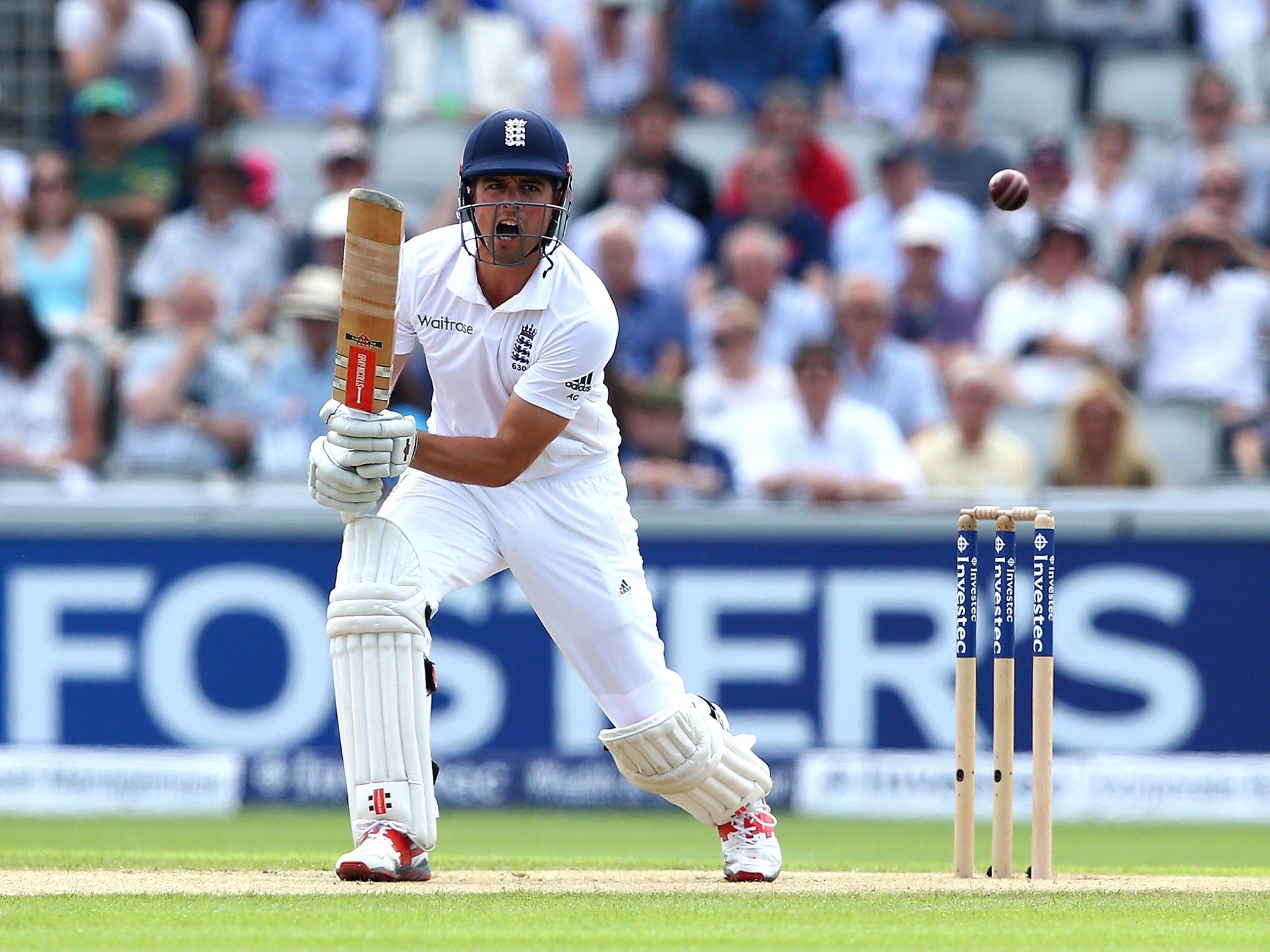 Alastair Cook watches on after hitting a shot during the first innings against Pakistan