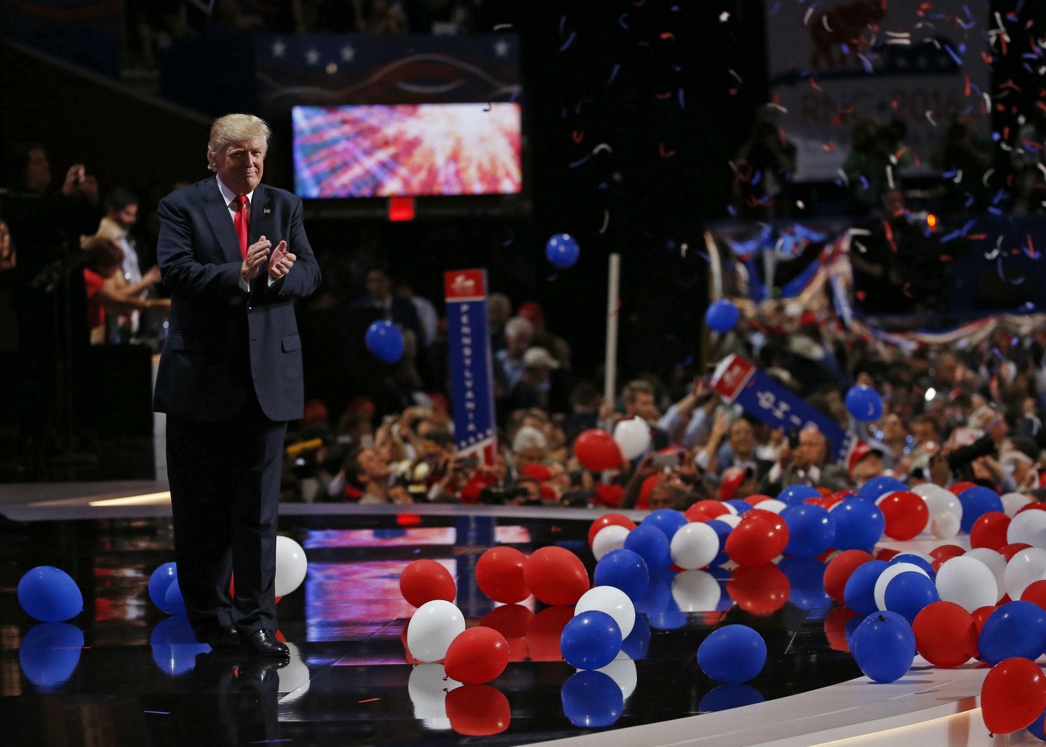 Donald Trump on stage at the GOP convention in Cleveland, at the end of his speech accepting the party's presidential nomination