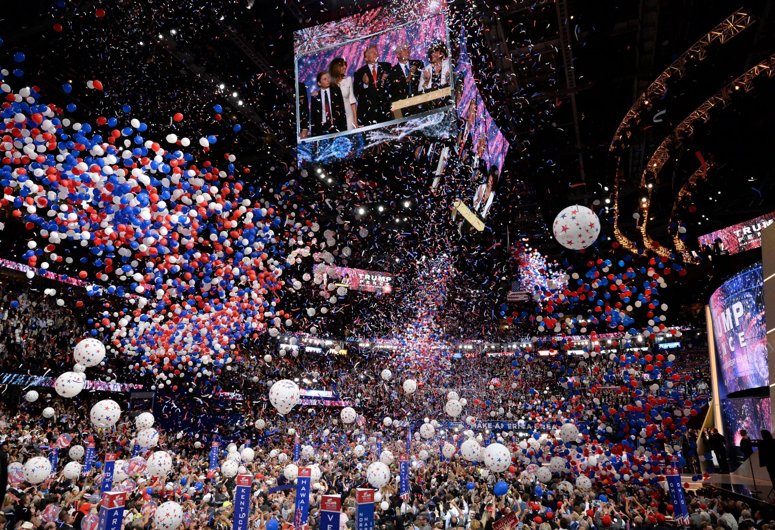 Balloons fall at the end of Donald Trump’s acceptance speech