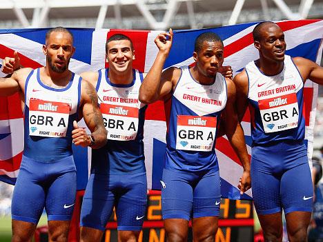 James Elliington, Adam Gemili, Chijindu Ujah and James Dasaolu celebrate their 4x100m relay victory in London (Getty)