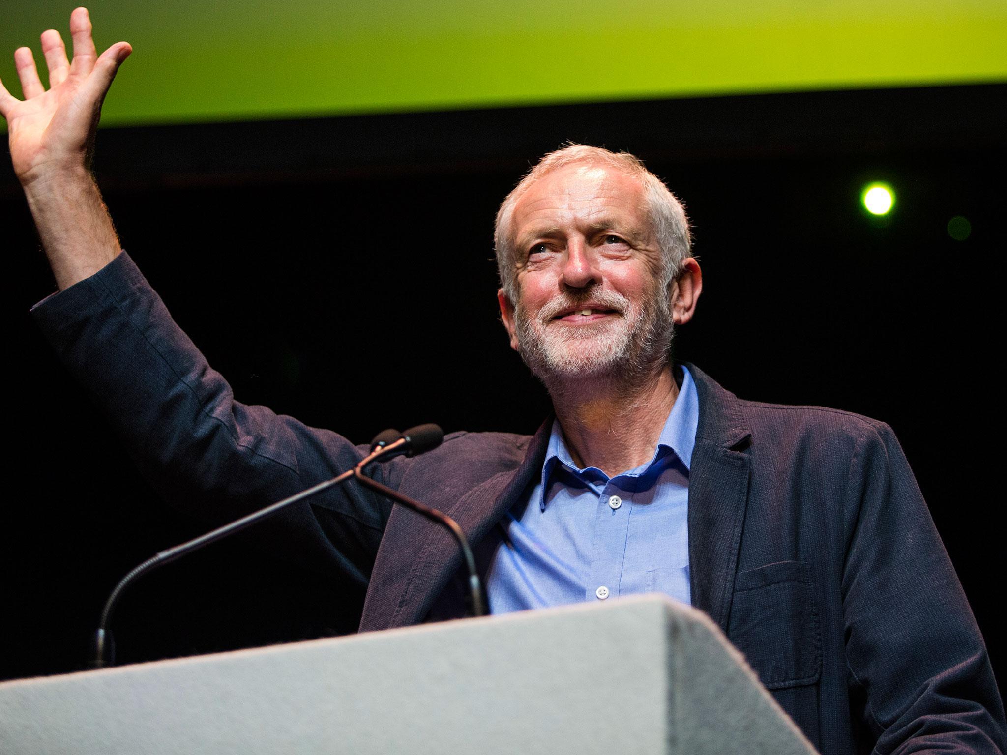 Jeremy Corbyn addresses supporters at his leadership rally at The Lowry Theatre, Salford