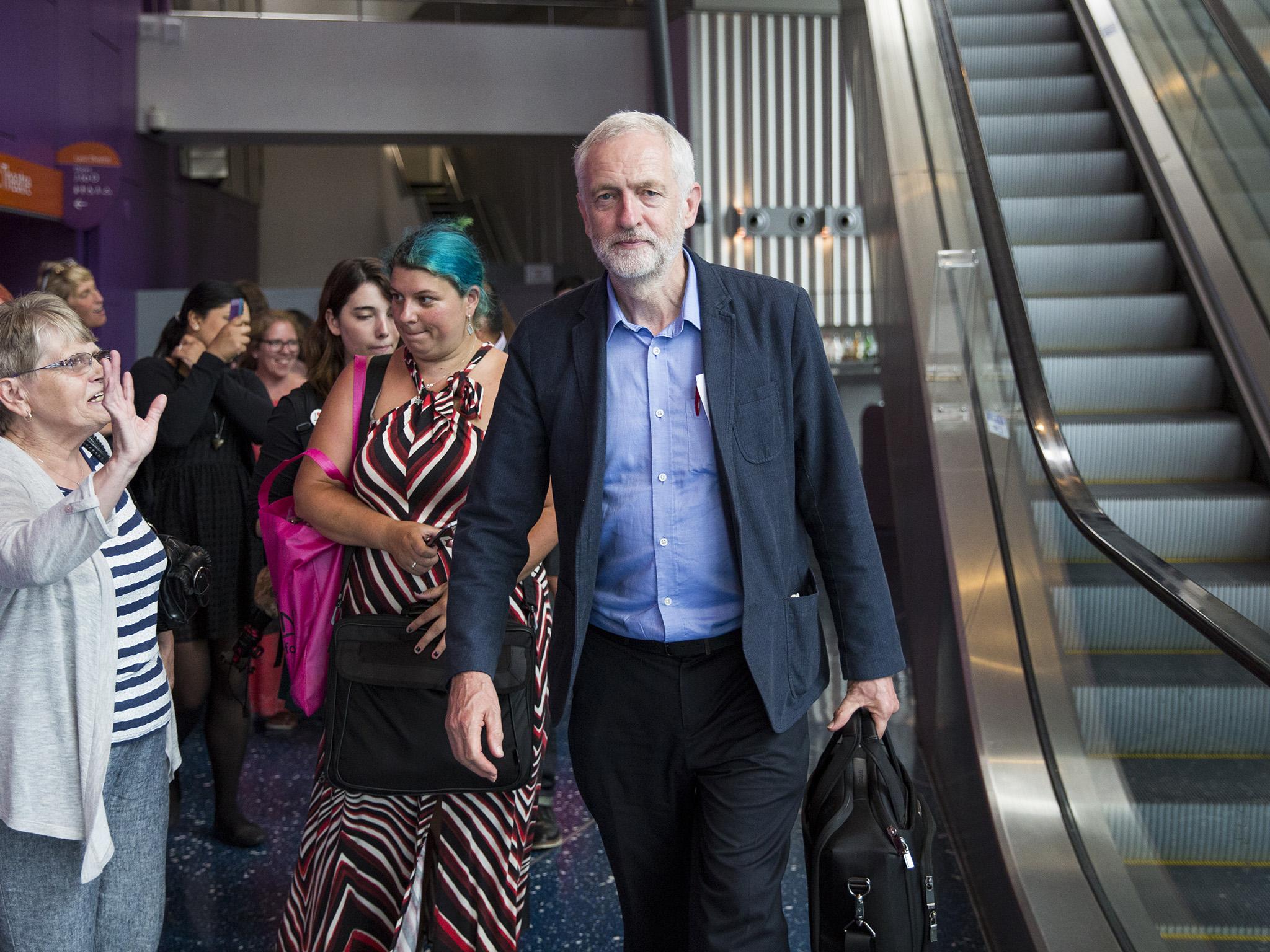 Jeremy Corbyn yesterday leaving a rally at the Lowry in Salford, Manchester