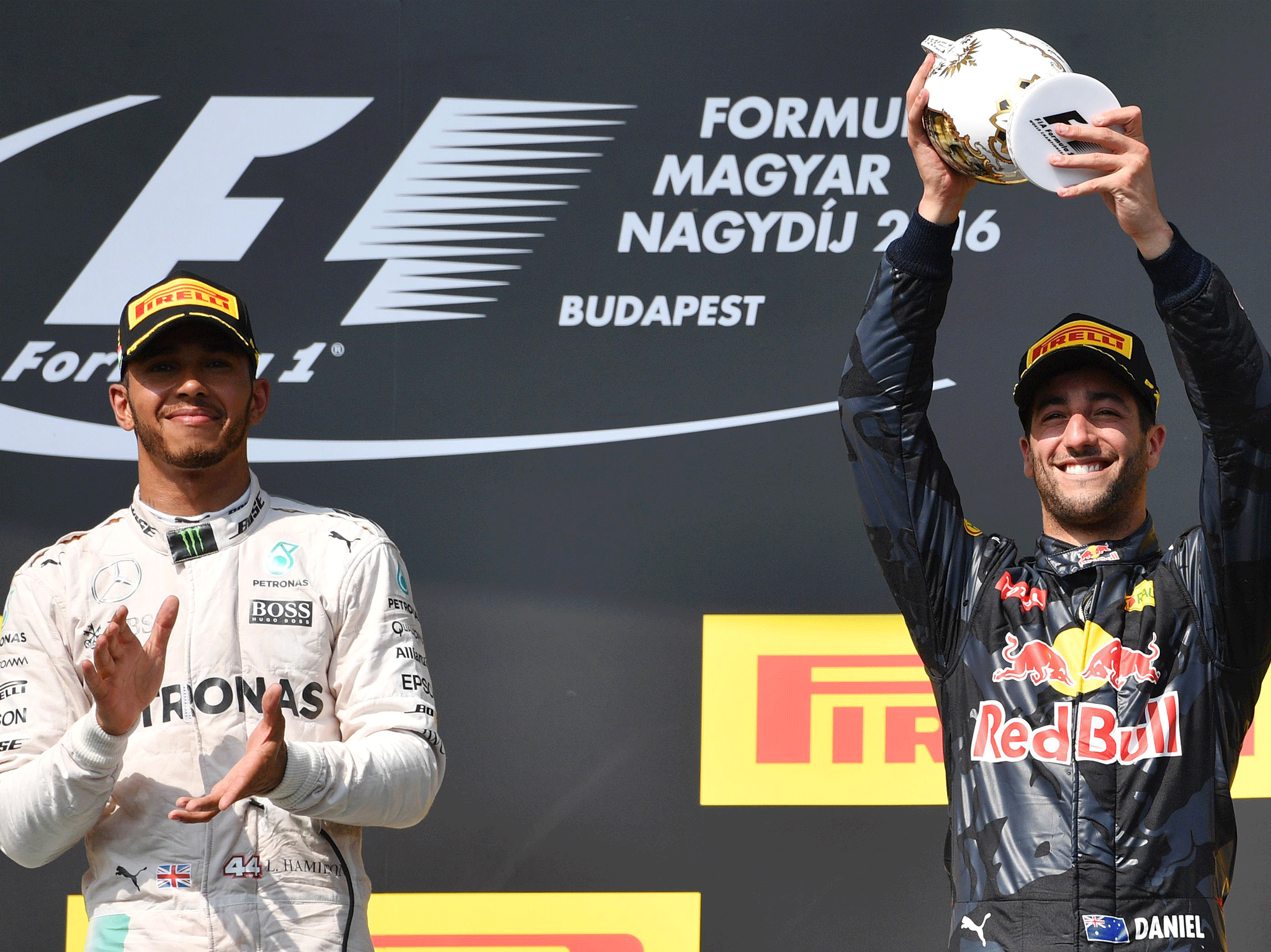 Lewis Hamilton and Daniel Ricciardo on the podium together