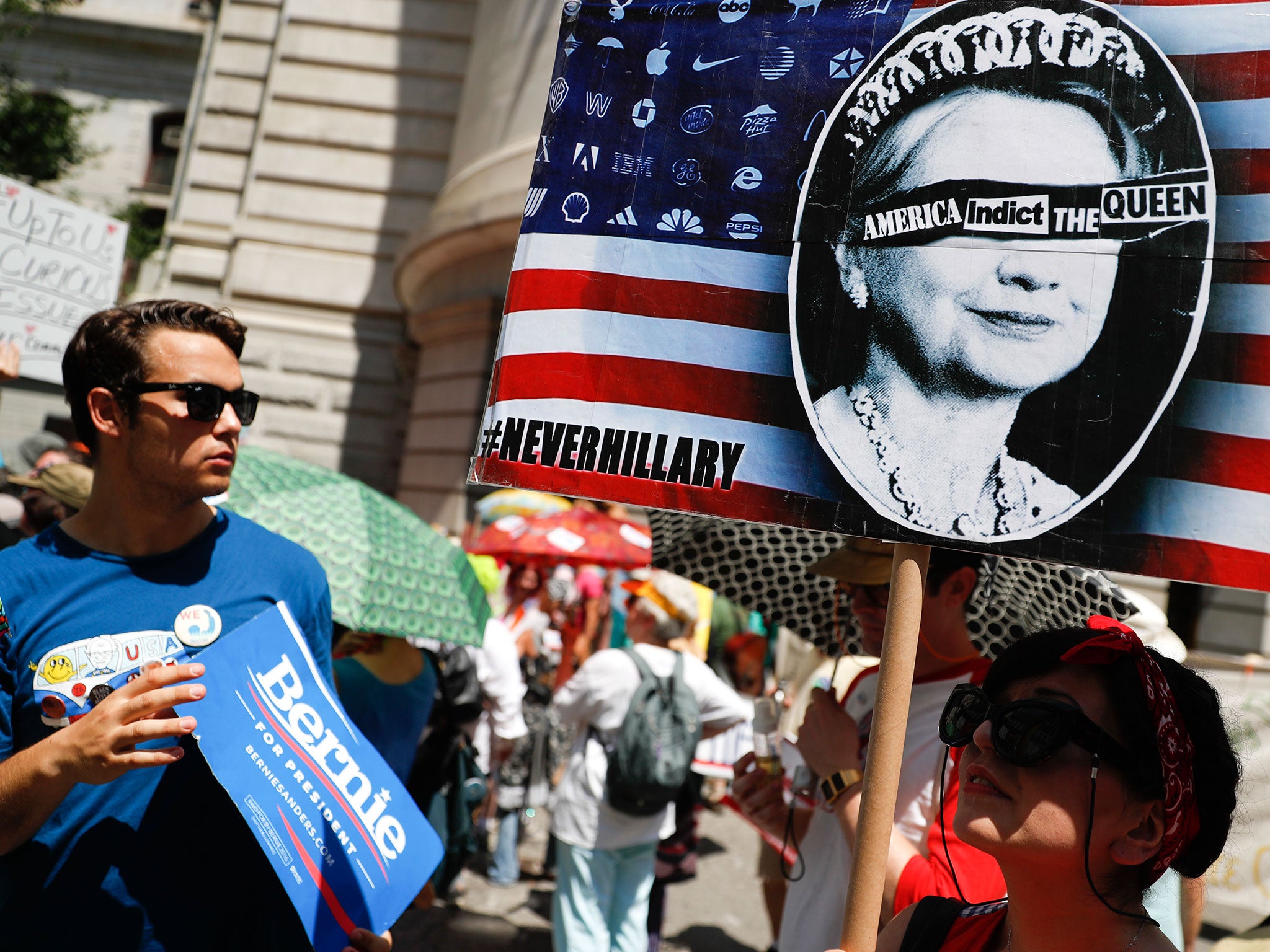 Supporters of Sen. Bernie Sanders, I-Vt., arrive for a demonstration at Dillworth Park in Philadelphia