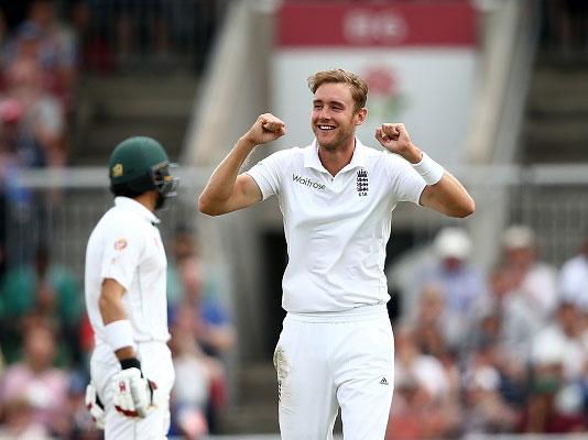 Stuart Broad celebrates after taking the wicket of Asad Shafiq on Sunday (Getty)