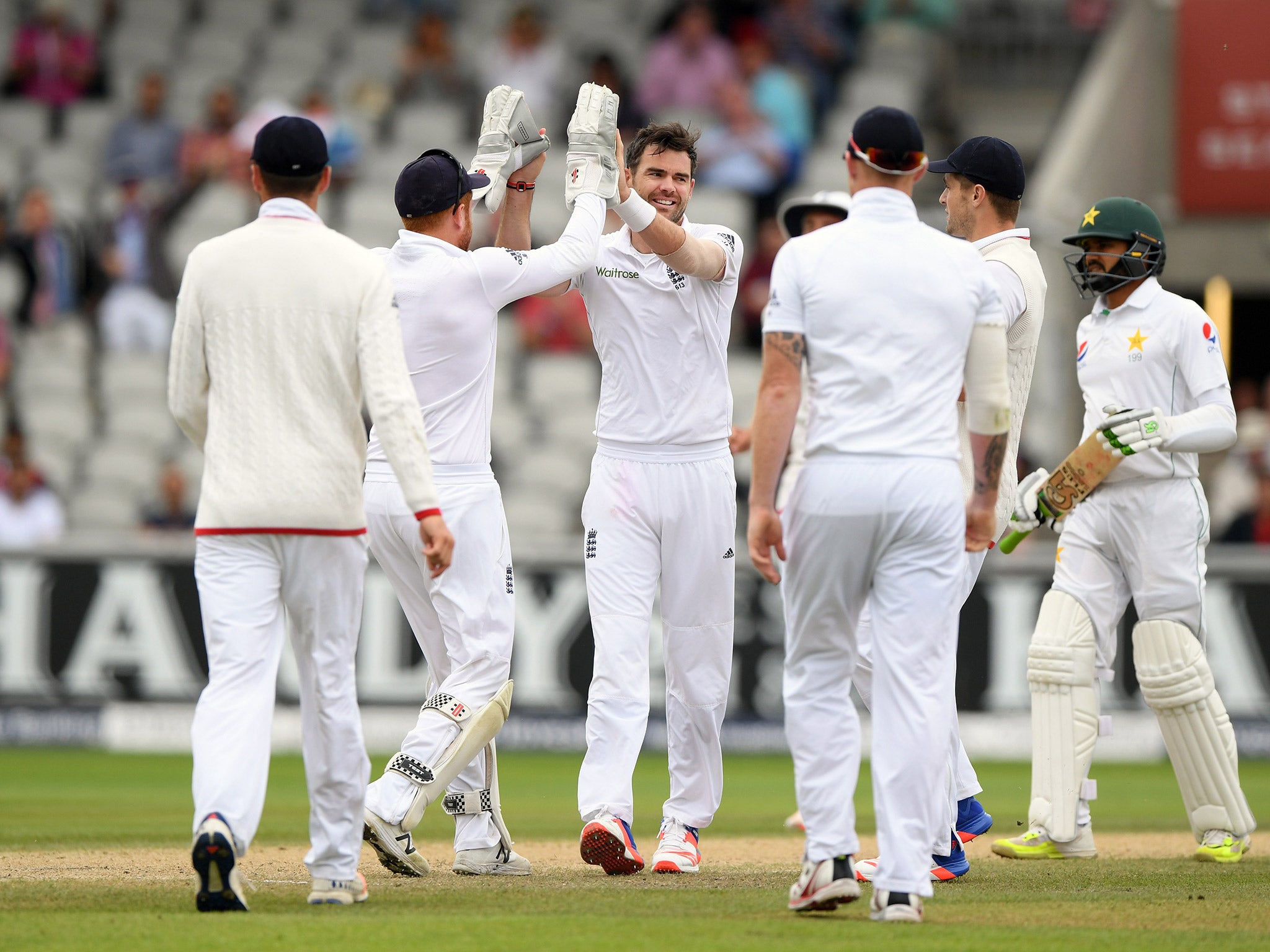 James Anderson celebrates after taking the wicket of Azhar Ali