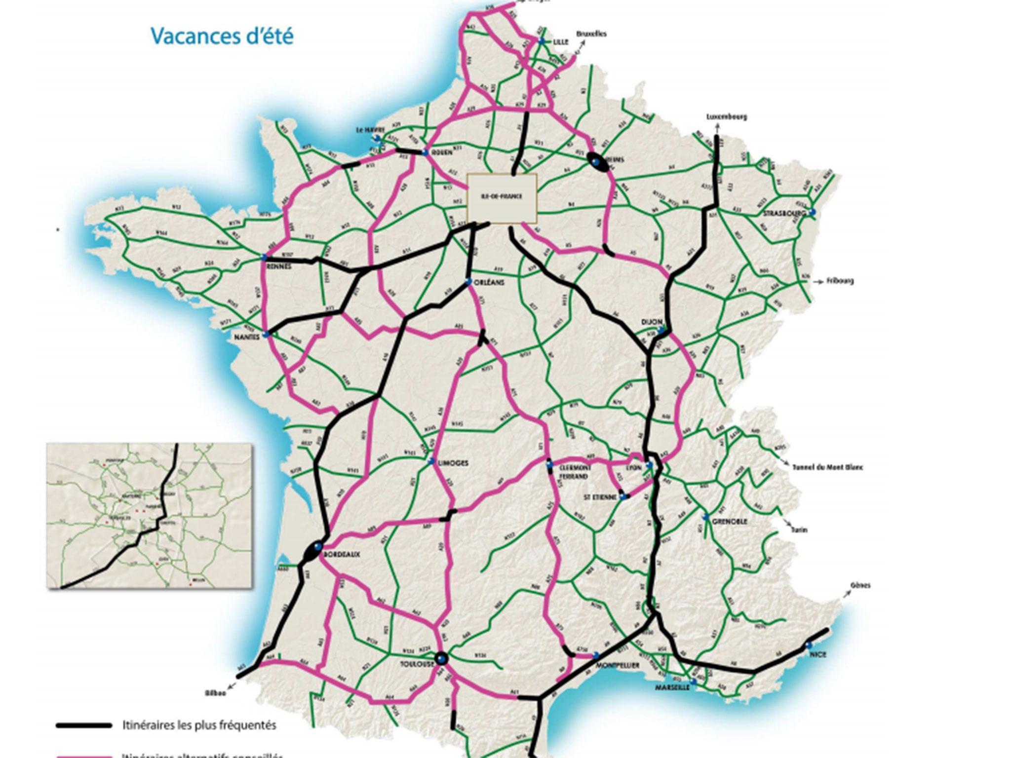 The French government has released a map of alternative routes for travellers