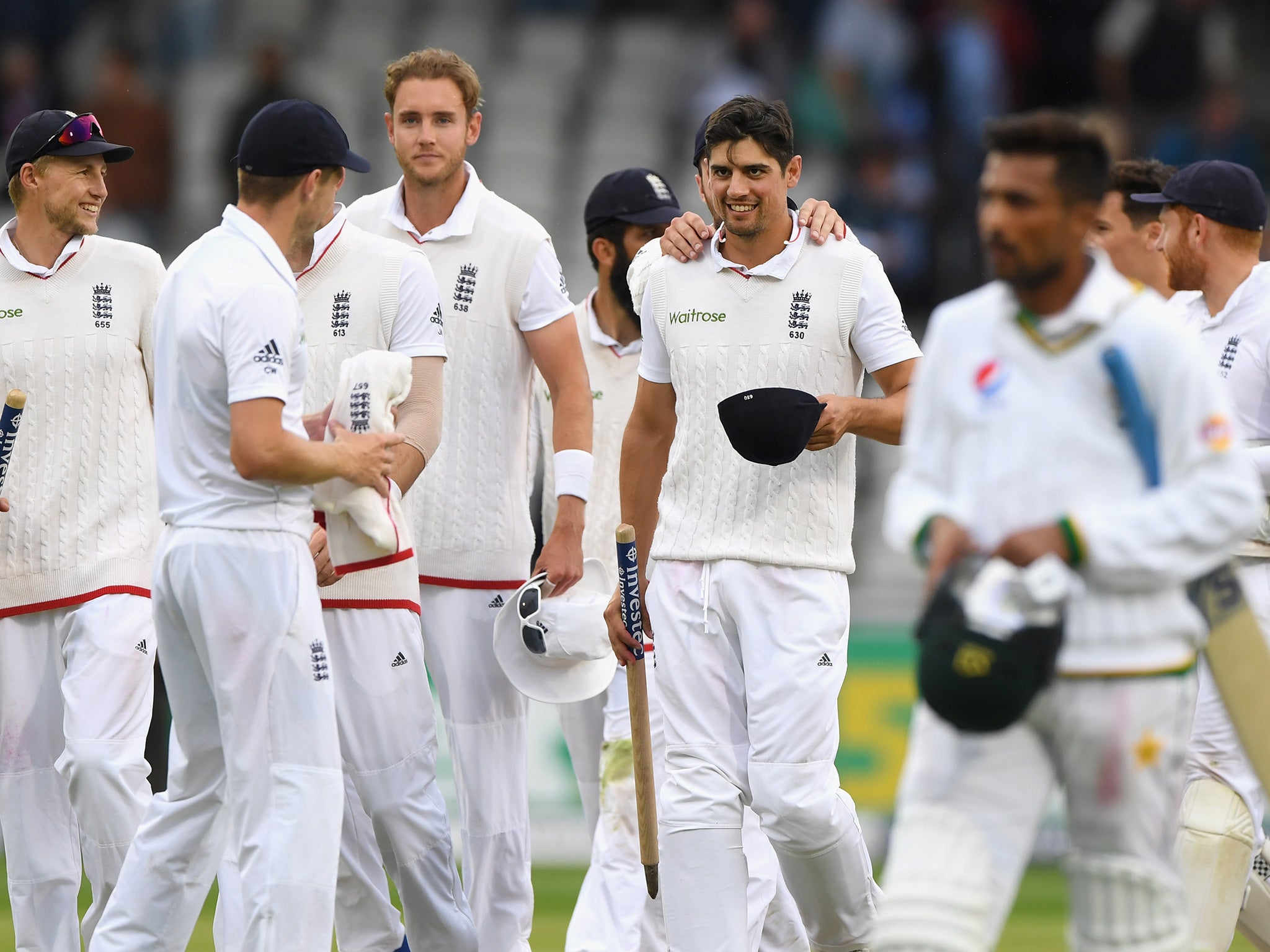 Captain Alastair Cook leads the celebrations after England complete their Old Trafford victory (Getty)