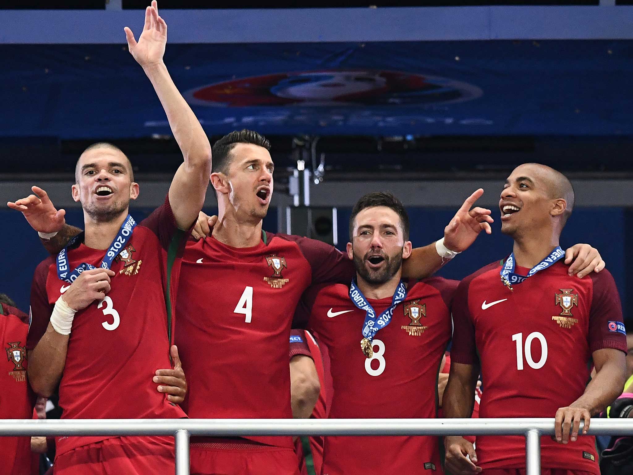 Joao Mario joins his Portugal team in celebrating their Euro 2016 success