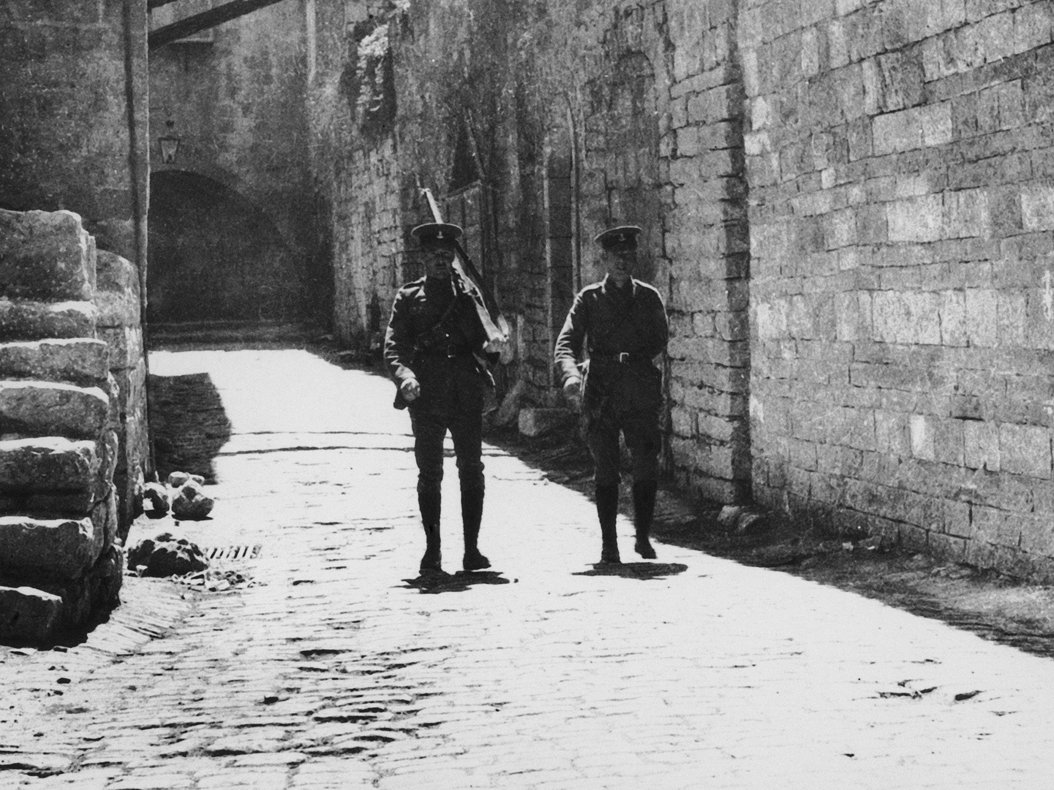 British soldiers patrol the streets of Jerusalem at the time of a visit by Lord Balfour, 2nd April 1925.