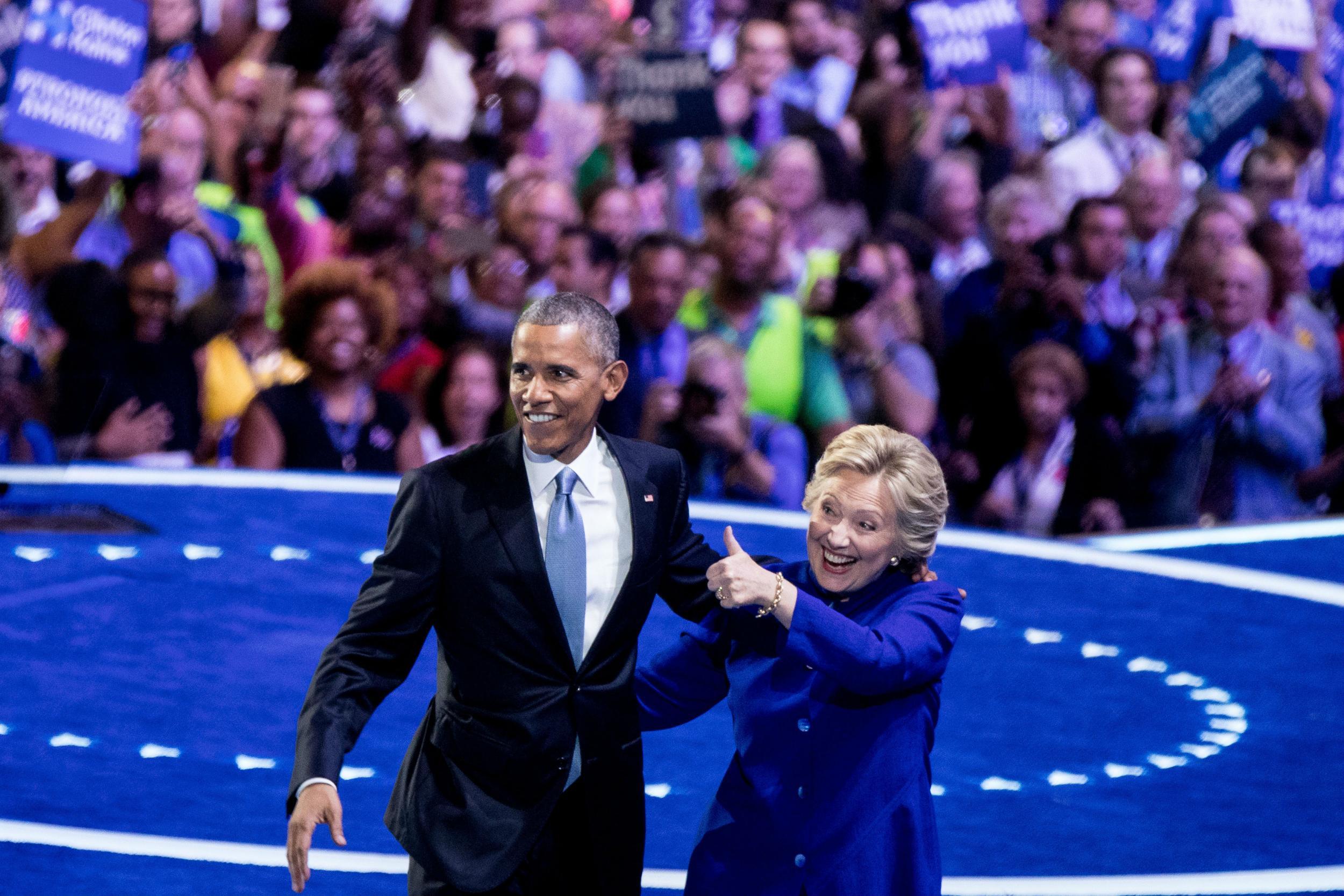 Barack Obama appeared on stage with Ms Clinton the previous evening