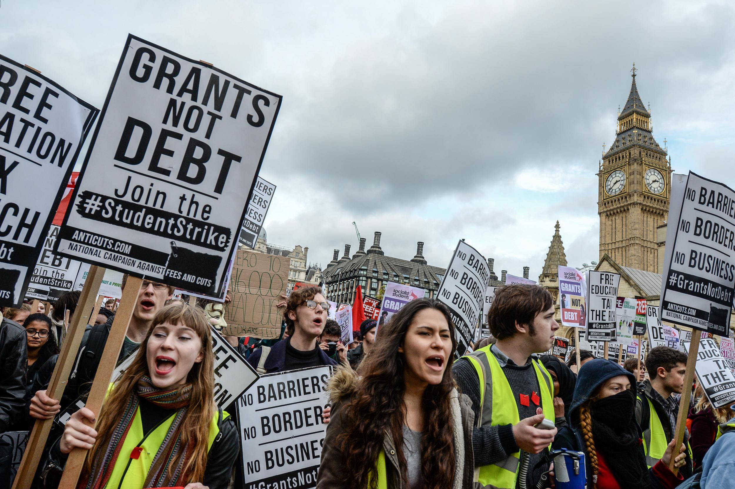 Students march during a demonstration against education cuts on November 4, 2015