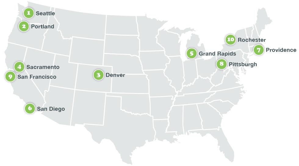 A map shows the geographical spread of America's most hipster metropolitan areas