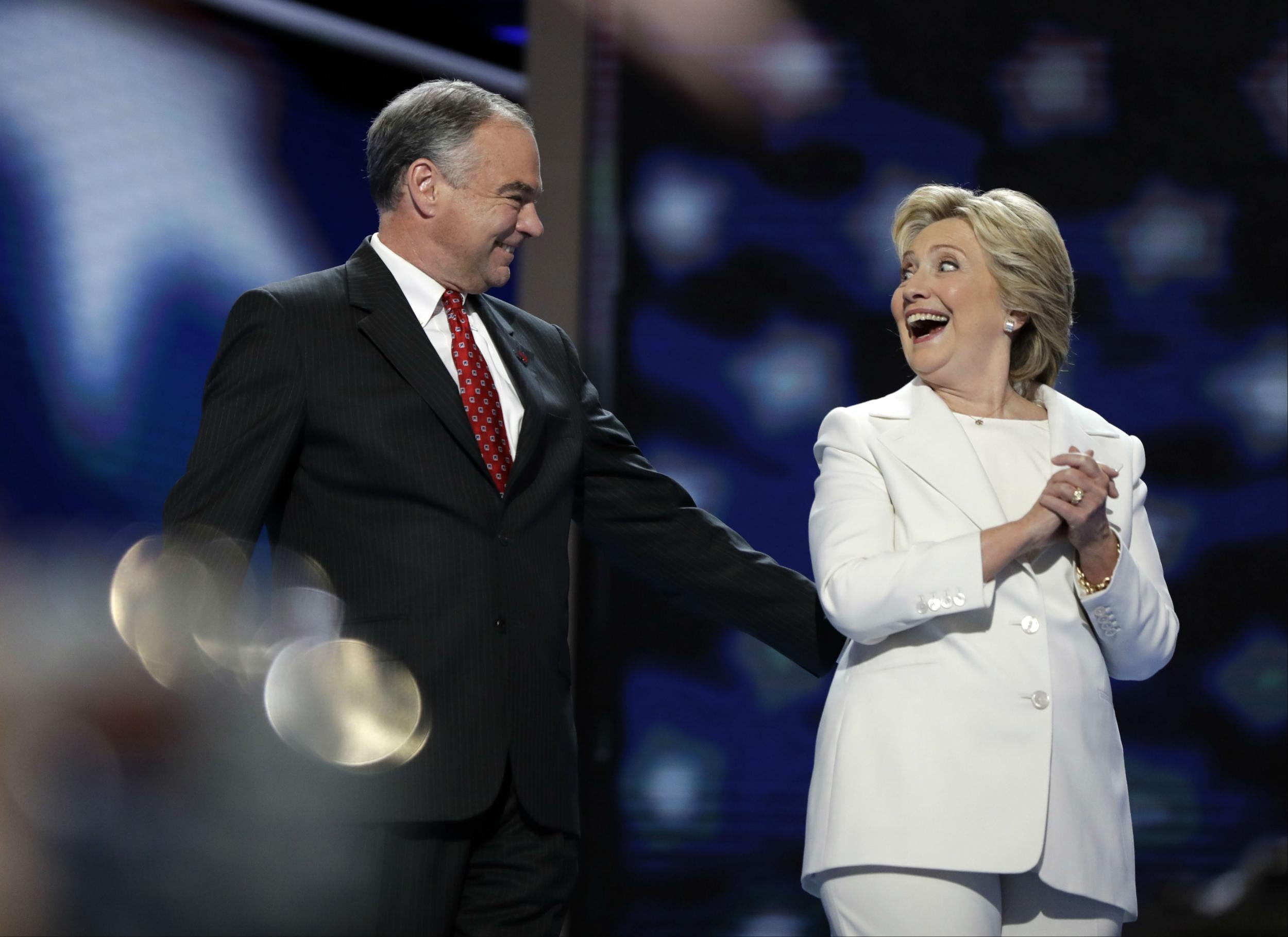 Ms Clinton was joined on stage by her running mate Tim Kaine