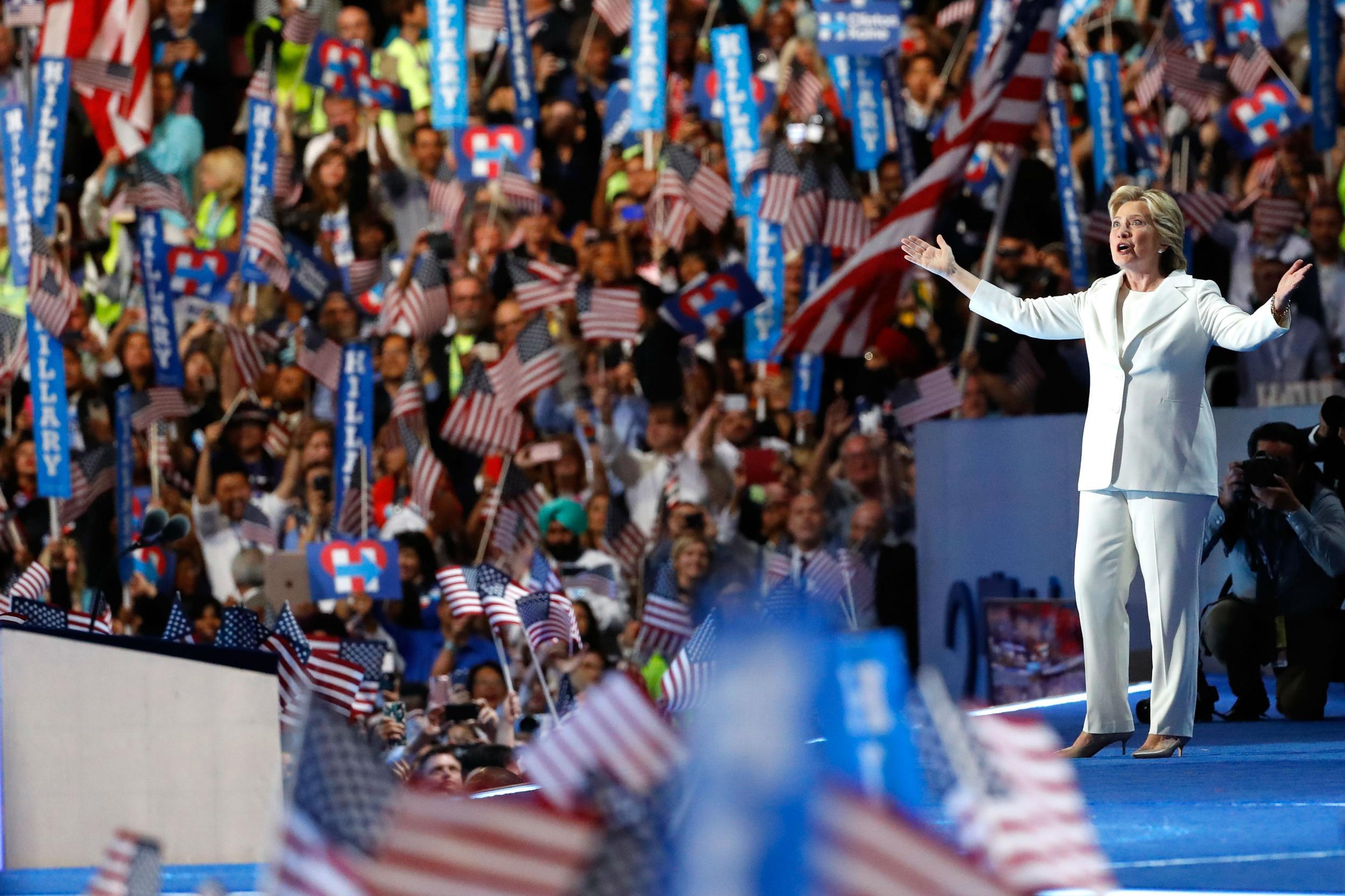 Her moment arrived, Hillary Clinton greets delegates in Philadelphia