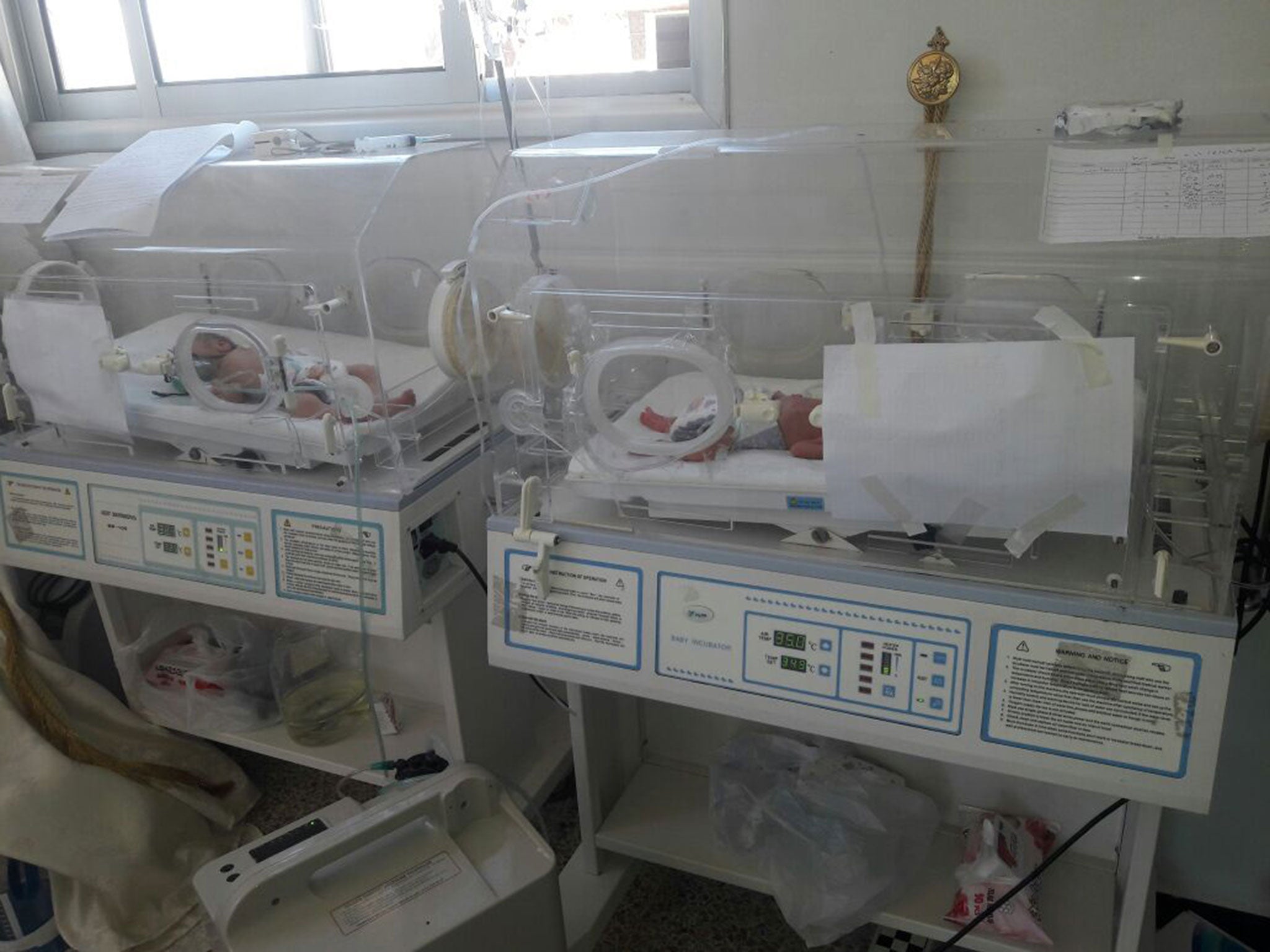 Babies in their incubators at a maternity hospital in Idlib province that was damaged by an air strike on 29 July