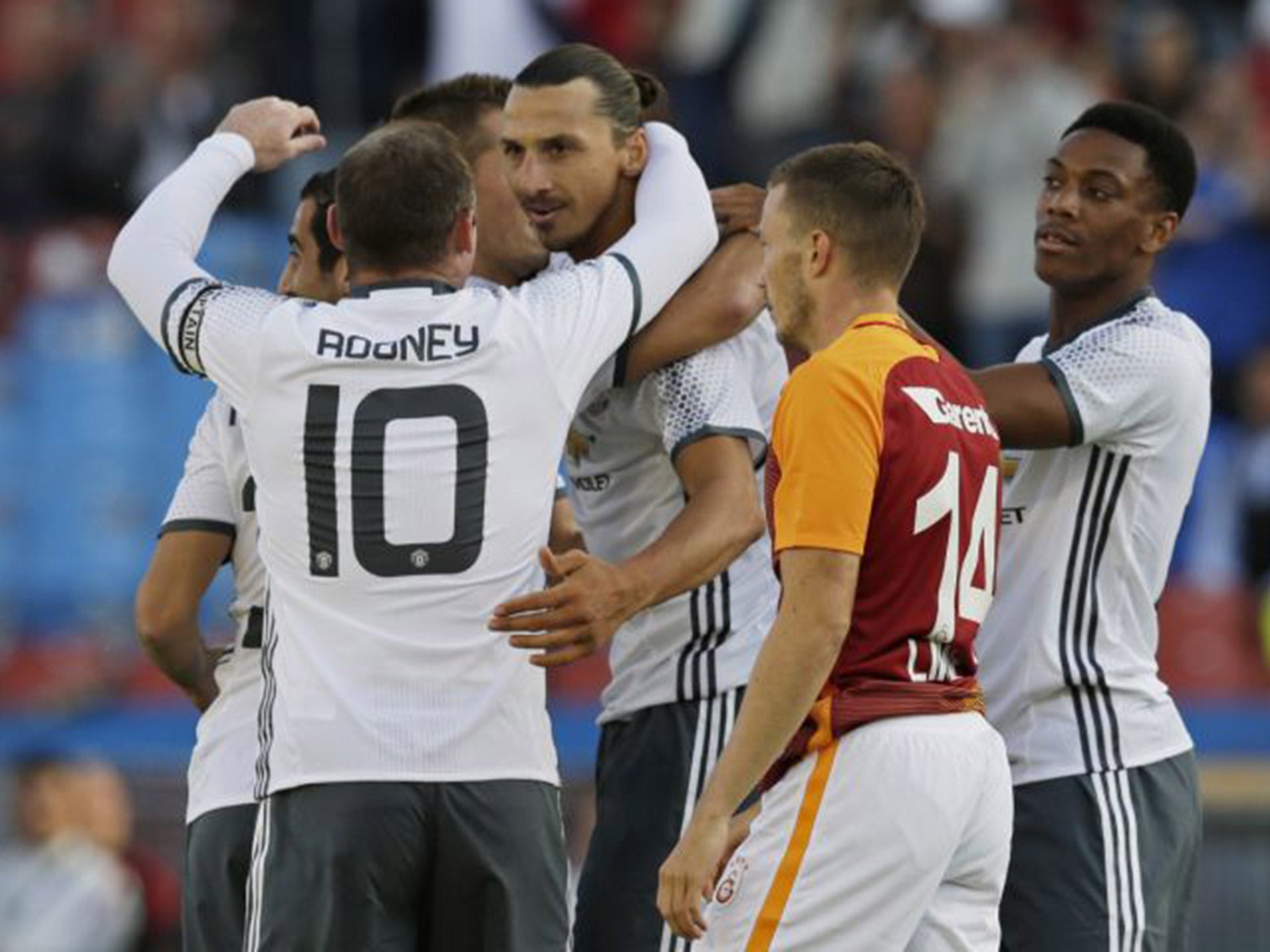 Zlatan Ibrahimovic celebrates after putting United into the lead against Galatasaray