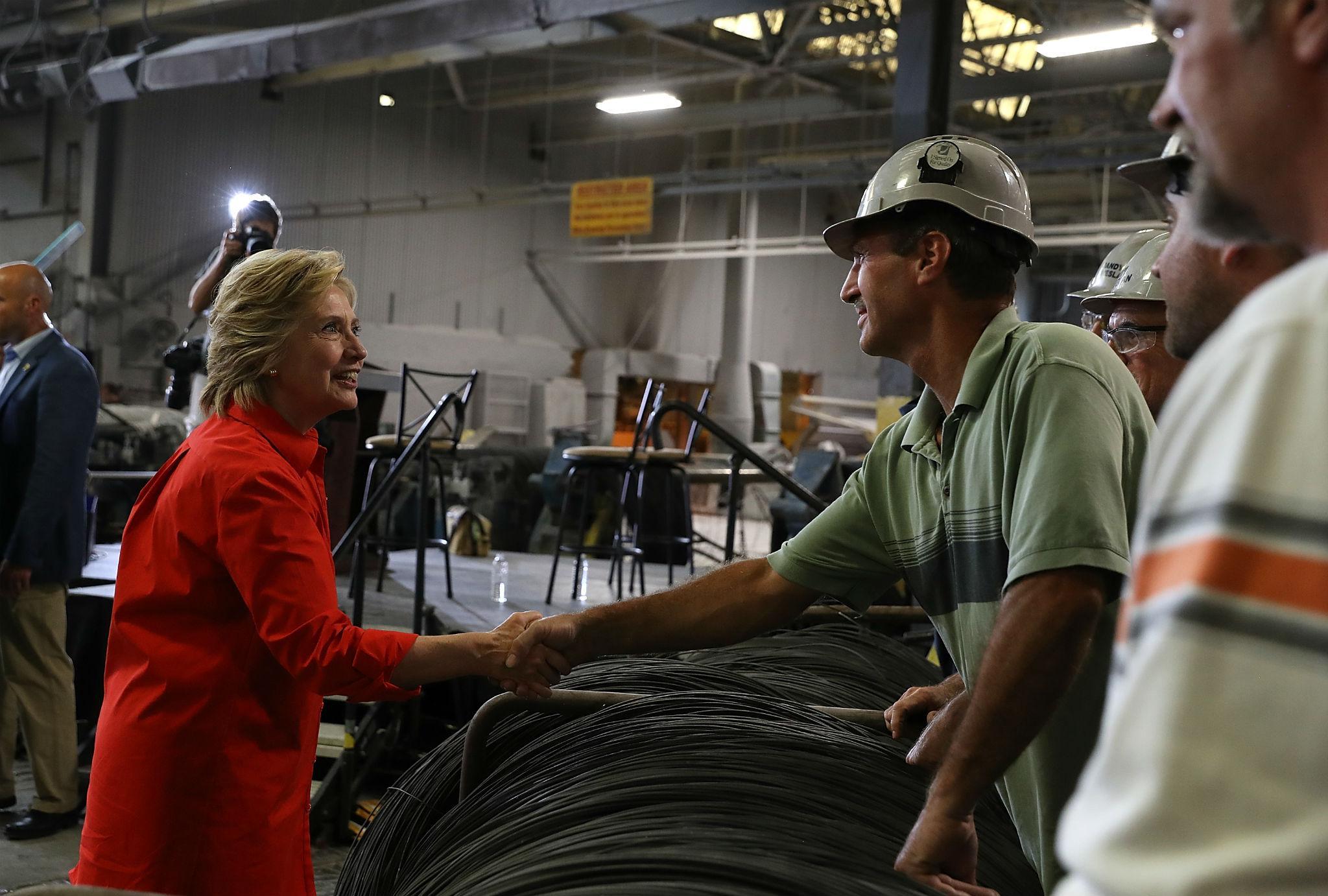 Hillary Clinton meets steelworkers on the campaign trail in Pennsylvania on Saturday