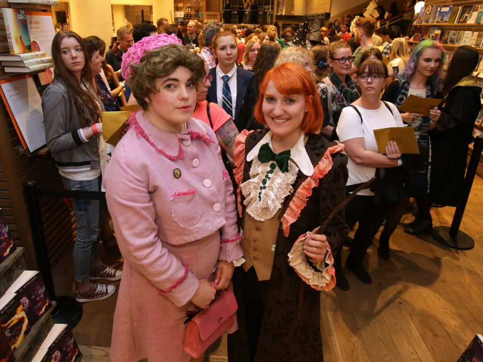 Harry Potter fans, Fran Plagge (R) and Lottie (L) will be first and second to receive the new Harry Potter script book inside Waterstones bookshop on Piccadilly in central London