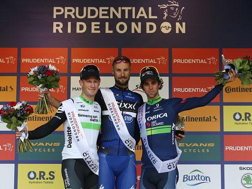 Tom Boonen celebrates with second-placed Mark Renshaw and third-placed Michael Matthews (Getty)