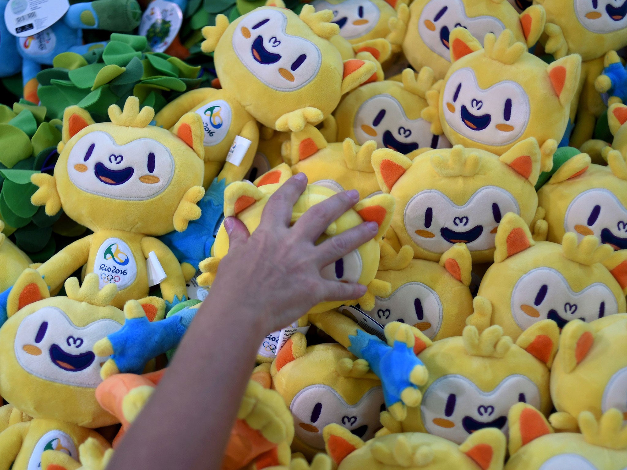 Official Olympic merchandise is piled up in Rio