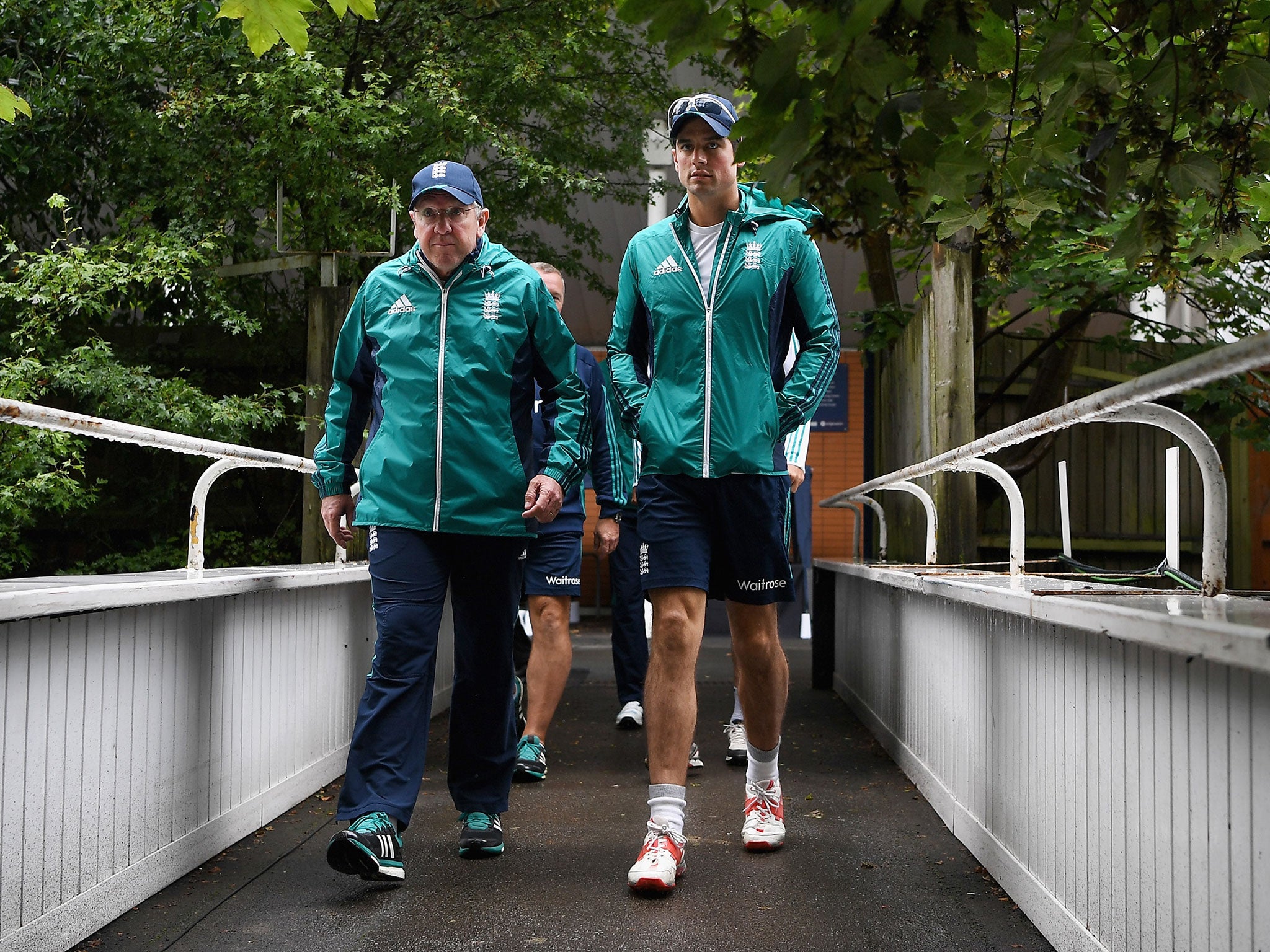 &#13;
England captain Alastair Cook and coach Trevor Bayliss arrive for a nets session &#13;