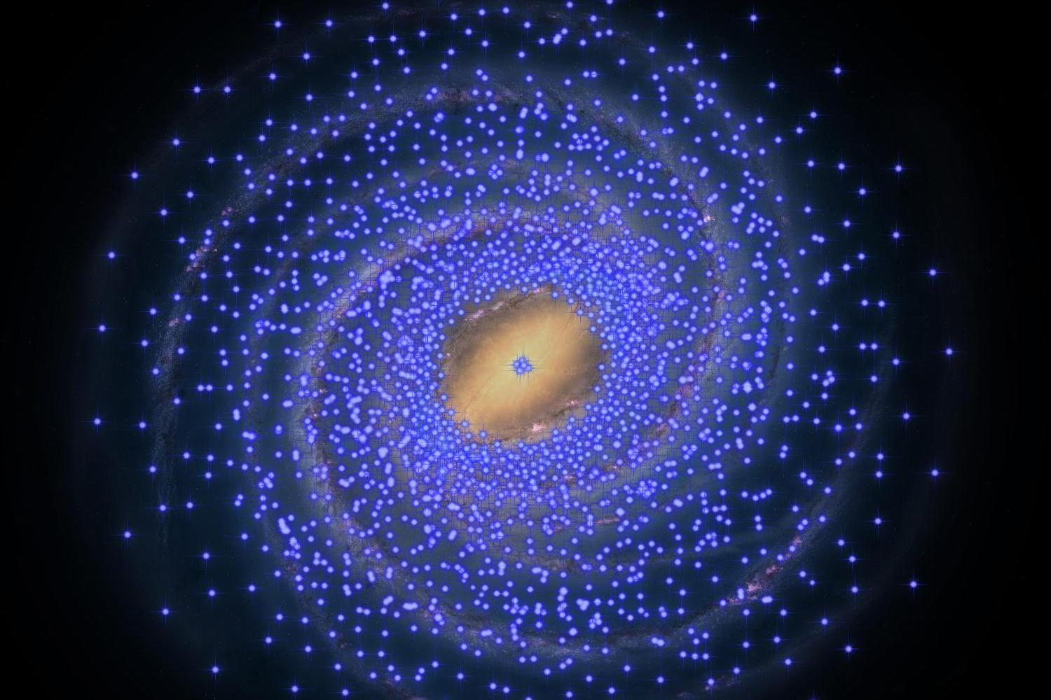 An artist's impression of the implied distribution of young stars, represented here by Cepheids shown as blue stars, plotted on the background of a drawing of the Milky Way