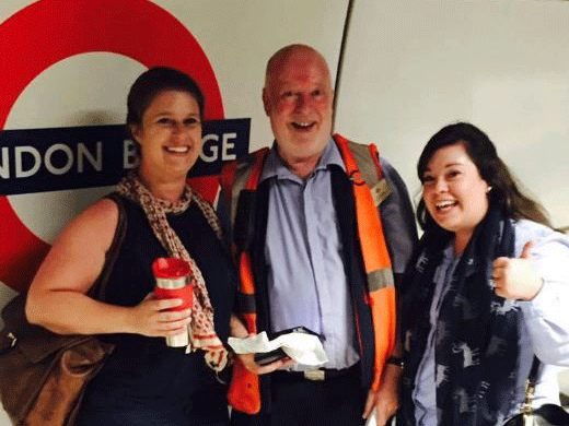 Pip with two of his admirers at London Bridge underground station