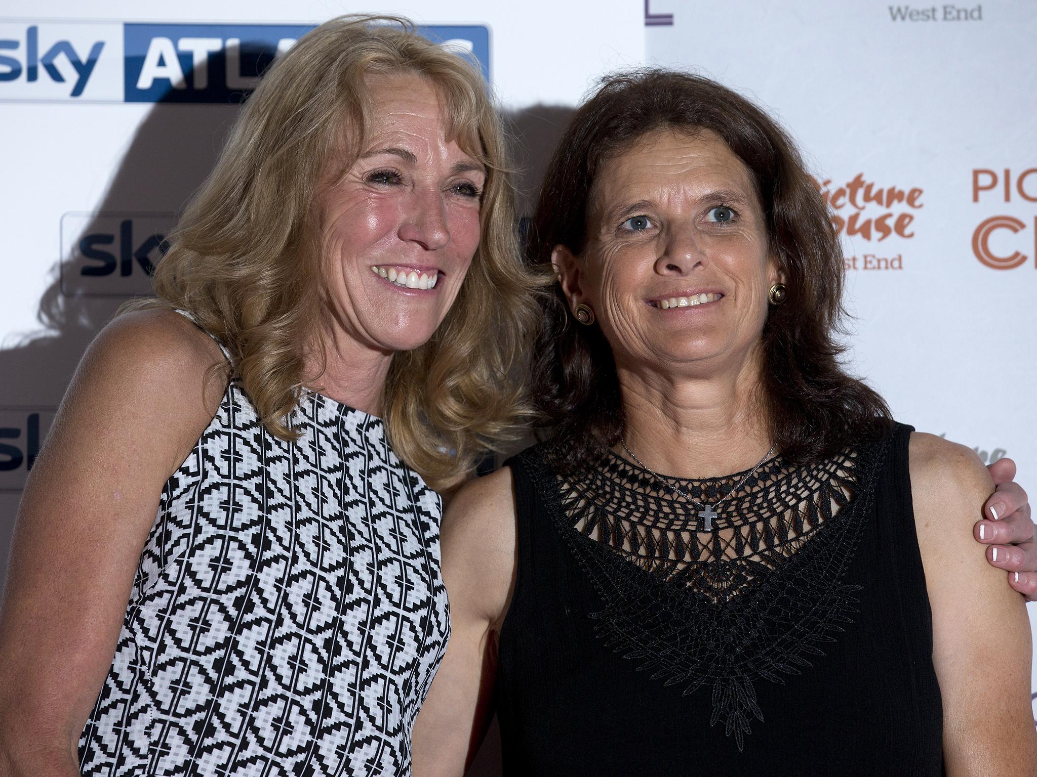 Former US athlete Mary Decker (L) and former South African athlete Zola Budd pose on arrival at the Premiere of Sky Atlantic's documentary 'The Fall' in Londo