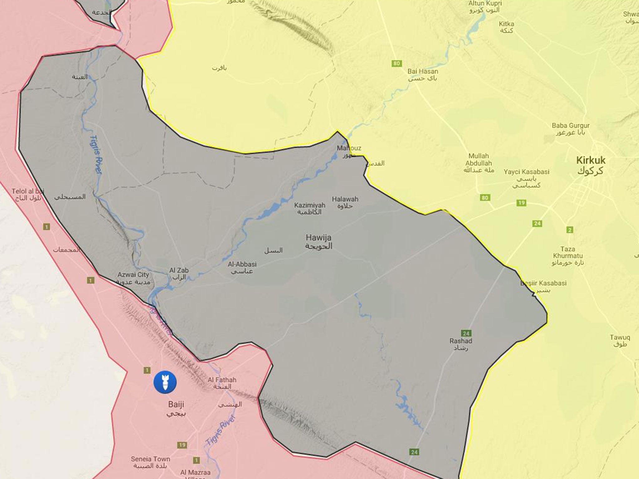 Isis controlled areas of al-Hawija district in Iraq (in black), the Kurdish Peshmerga in yellow and Iraqi government in red on 5 August