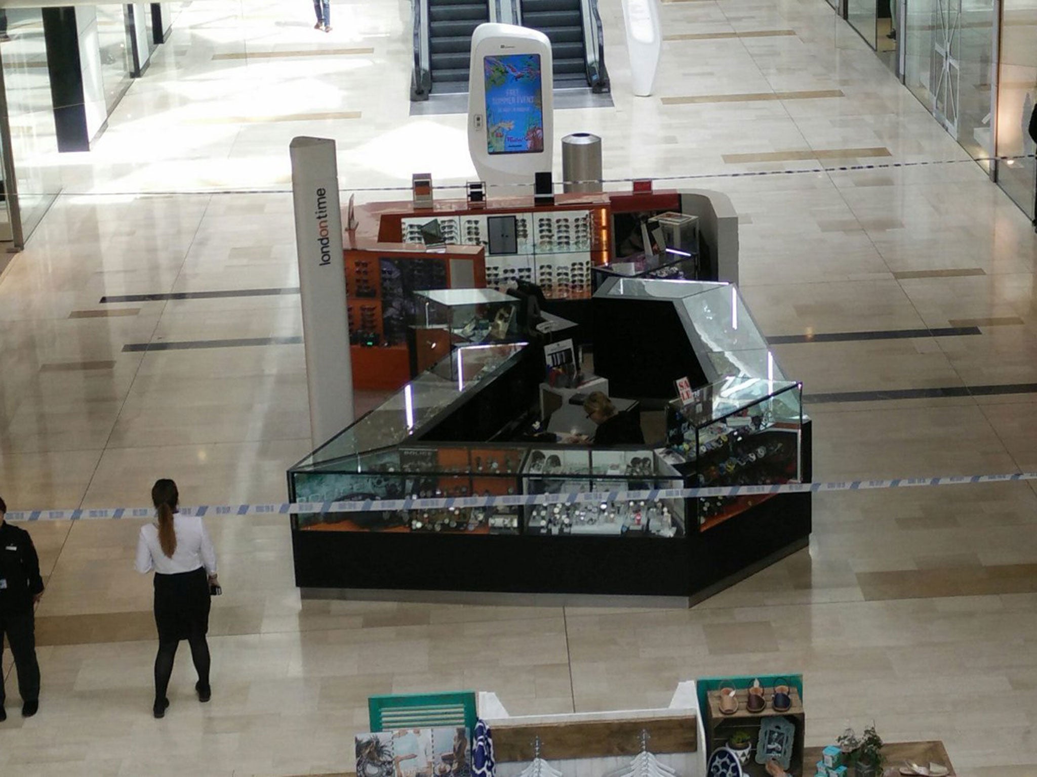 The security cordon in Westfield London shopping centre after a man was stabbed on 5 August