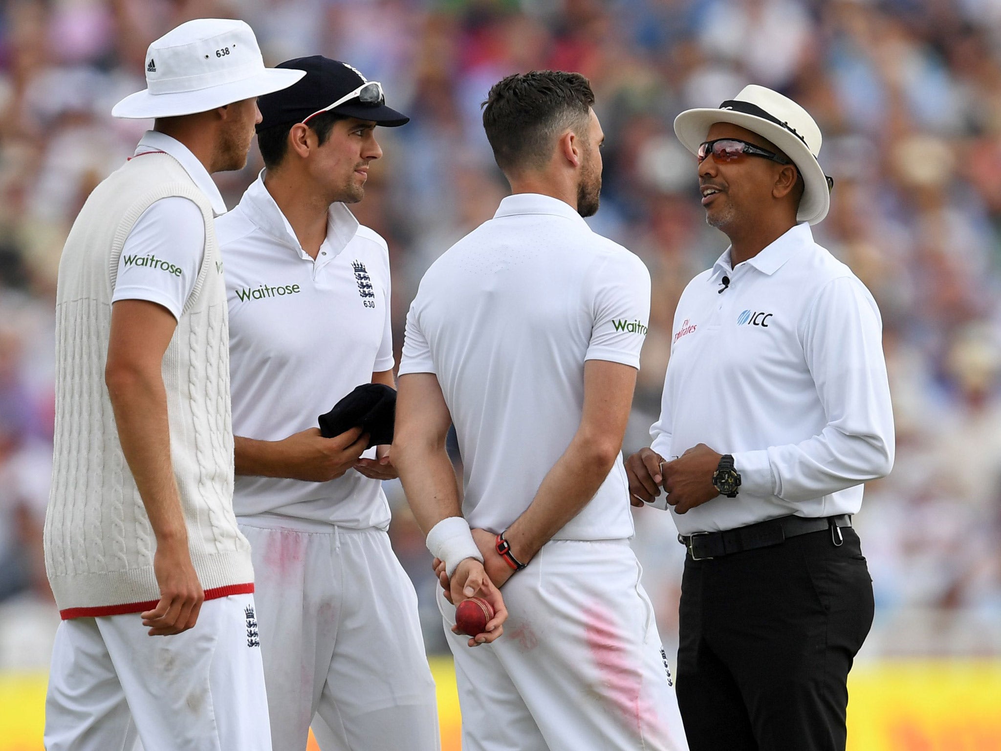 James Anderson is told he cannot bowl for the remainder of the innings by umpire Joel Wilson
