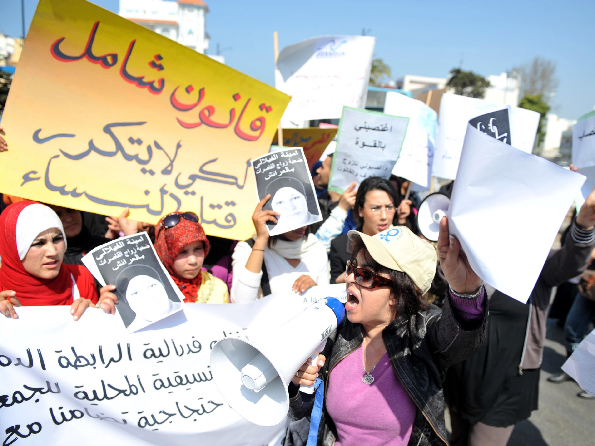 Fouzia Assouli president of Morocco's Democratic League for Women's Rights during a sit-in protest outside the local court in Larache over Amina al-Filali, 16, who drank rat poison after being forced to marry the man who raped her