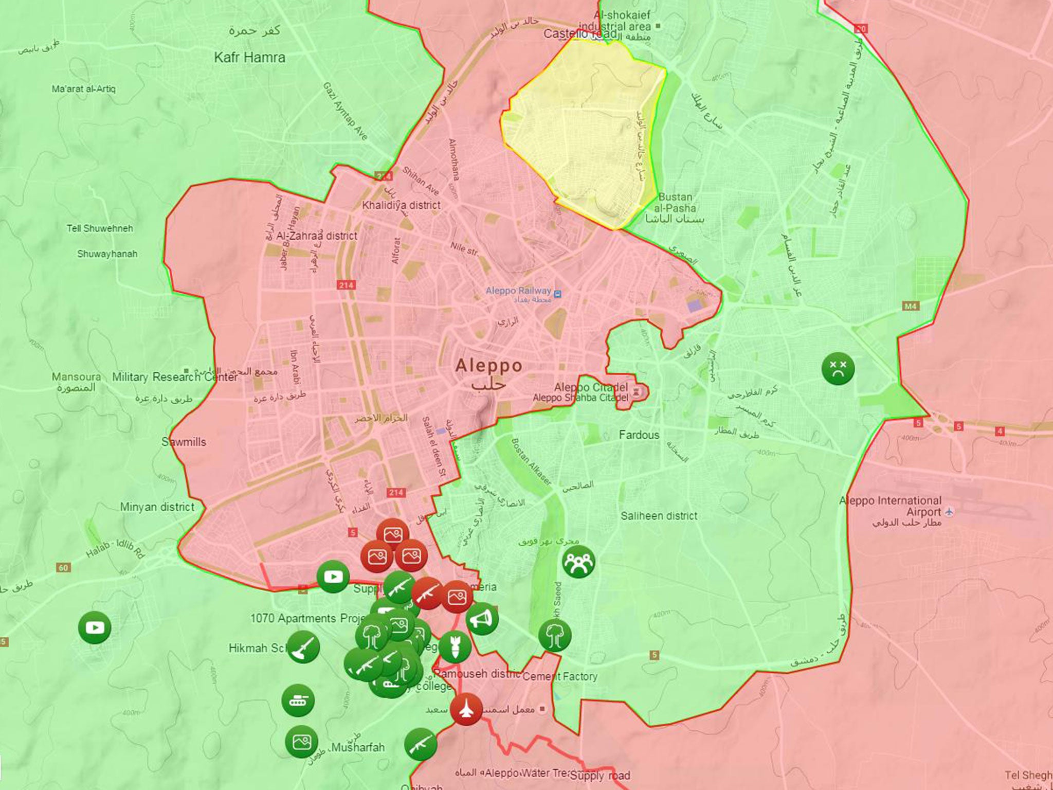 A map showing the situation in Aleppo on 5 August 2016. Rebel operations and territory is shown in green, government forces in red and Kurdish groups in yellow.