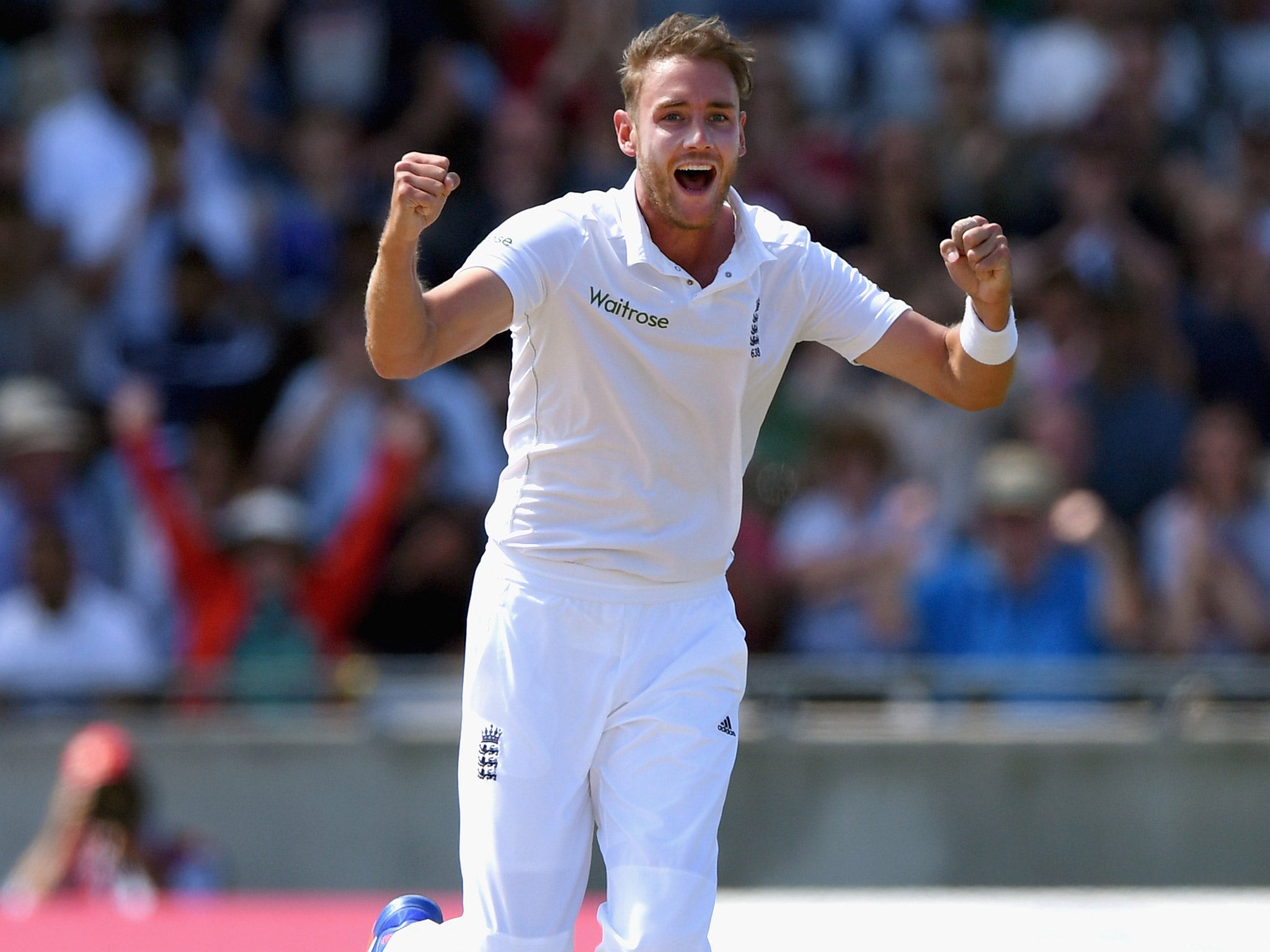 Stuart Broad celebrates taking the wicket of Mohammad Hafeez