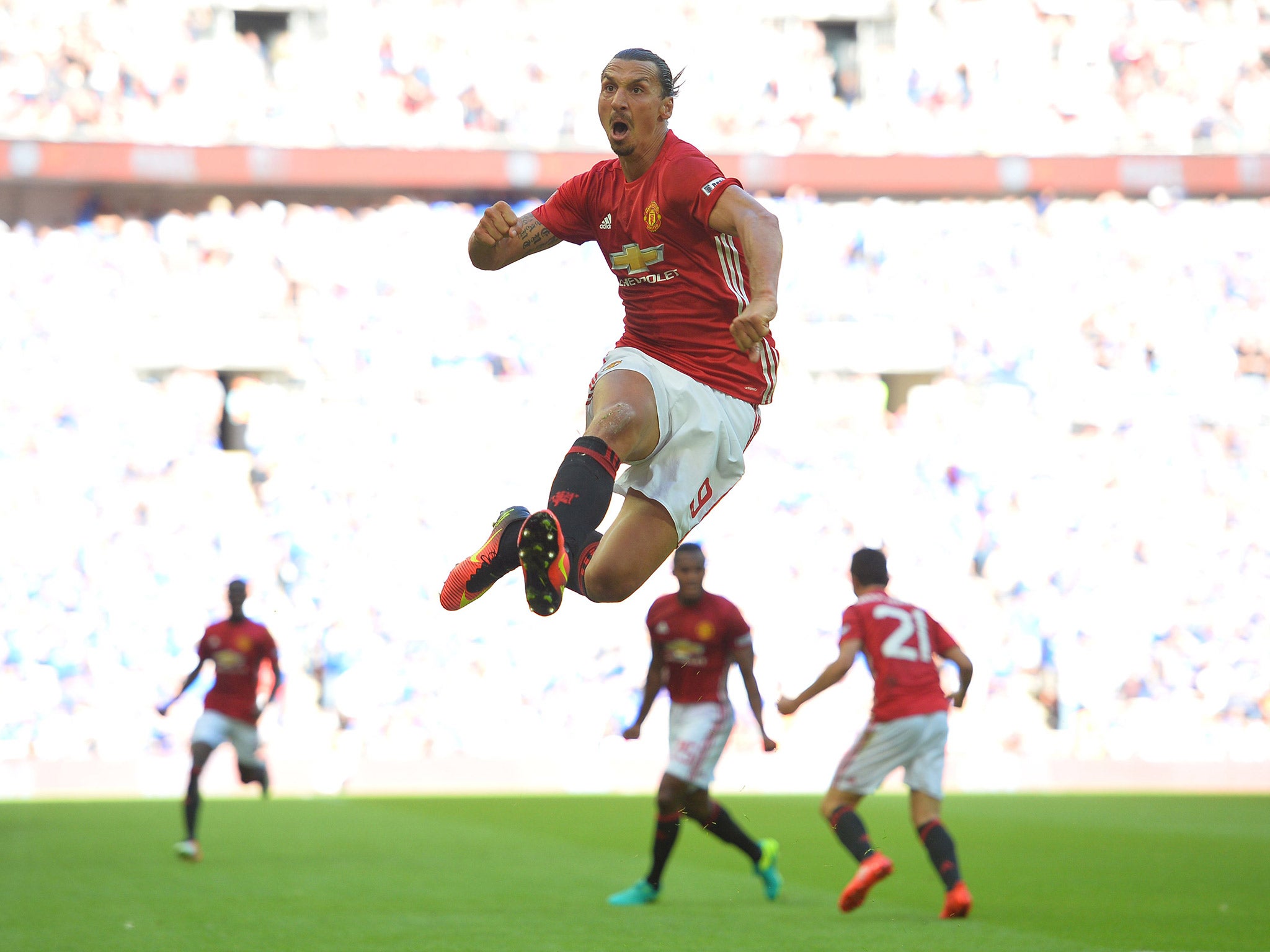 Zlatan Ibrahimovic celebrates after his Community Shield winner