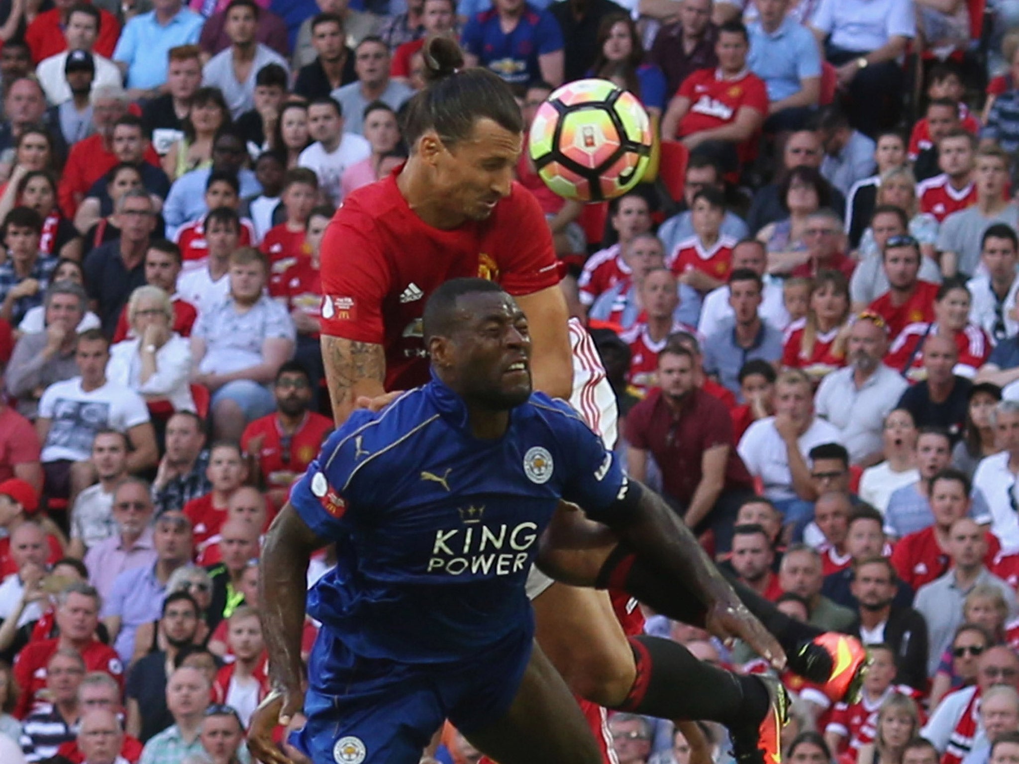 Zlatan Ibrahimovic rises above Wes Morgan to head in Manchester United's winning goal