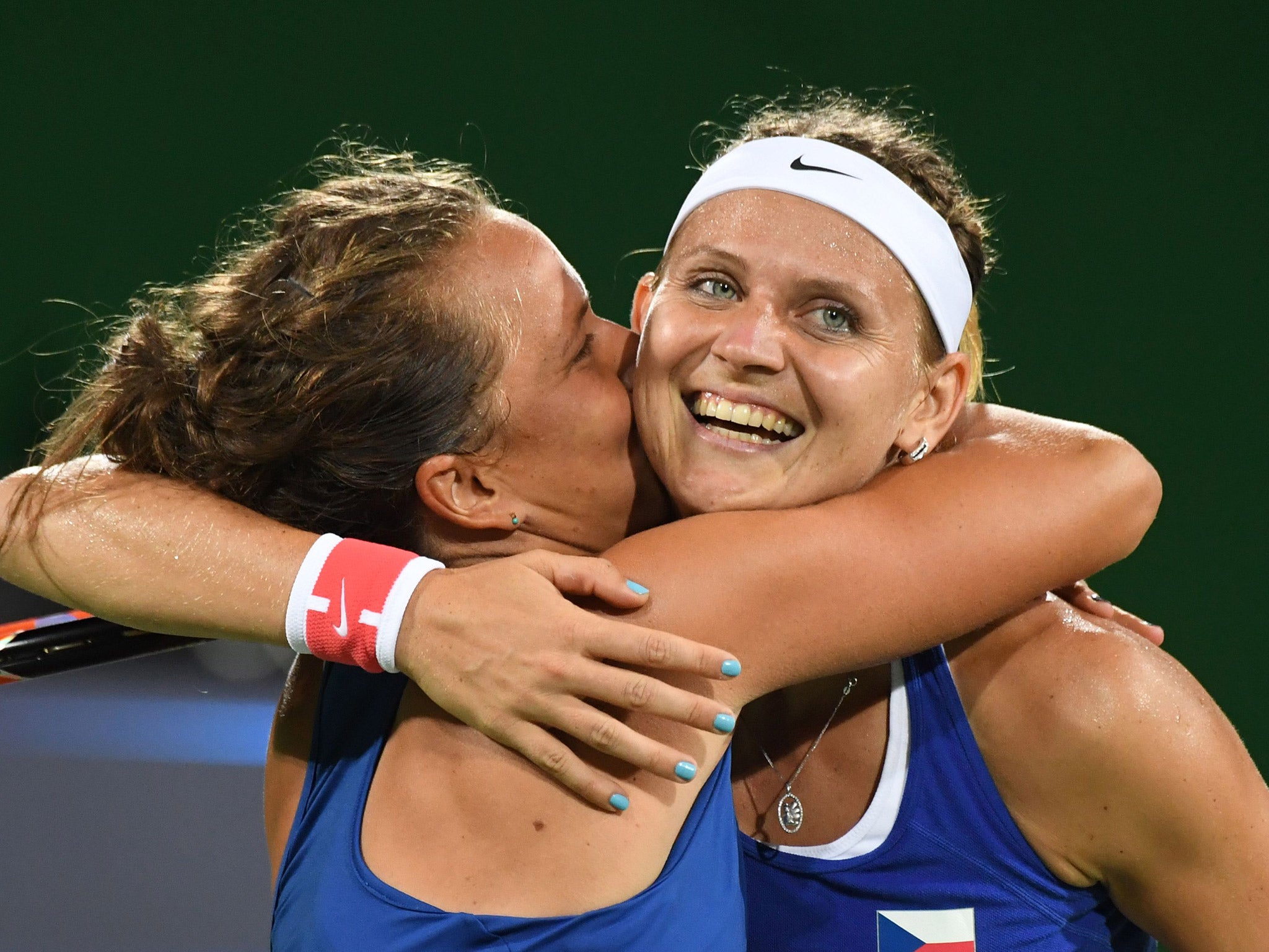 Lucie Safarova and Barbora Strycova of the Czech Republic celebrate their victory over the Williams sisters
