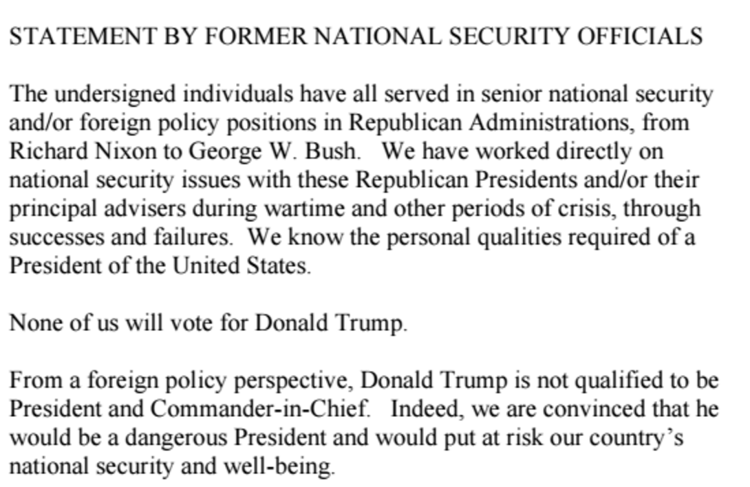 The letter says that none of the officials will vote for Mr Trump